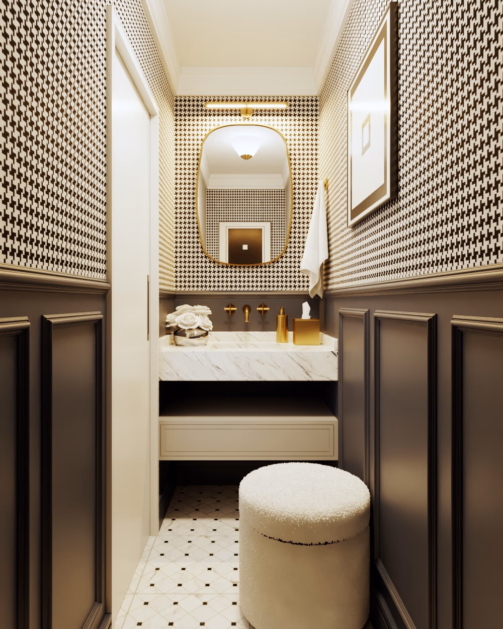 Powder room with a marble floating vanity, a brass-framed mirror, and a bouclé stool, framed by dark wainscoting.