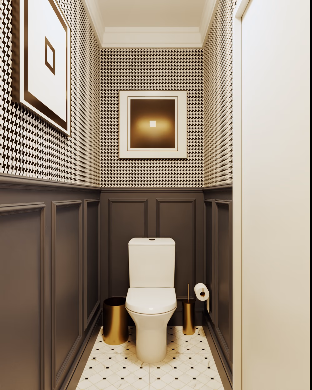 Powder room with black and white houndstooth wallpaper above dark wainscoting and a framed print over the toilet.