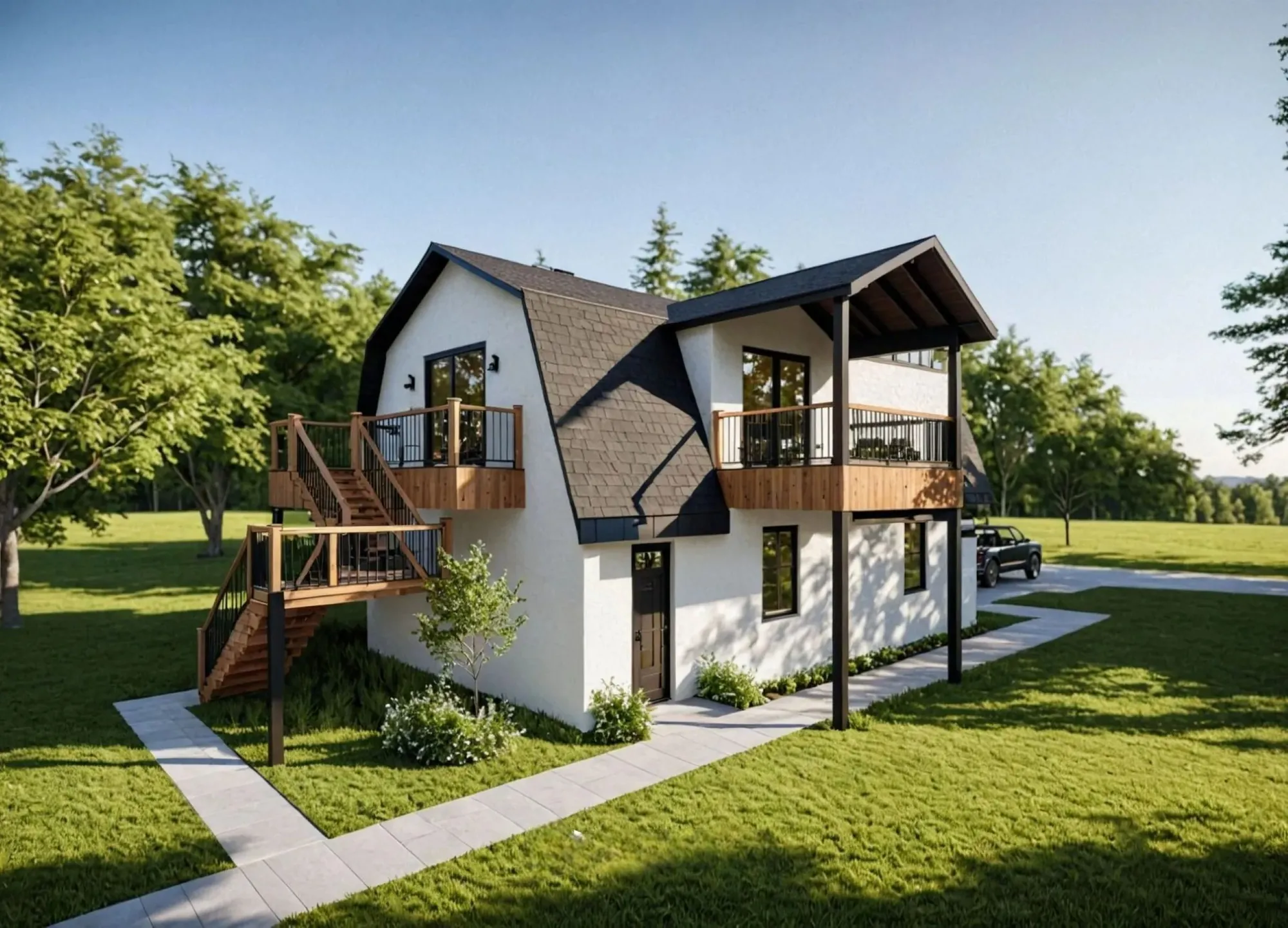 White barndominium with a black gambrel roof, wood decks on two sides, and an exterior stair.