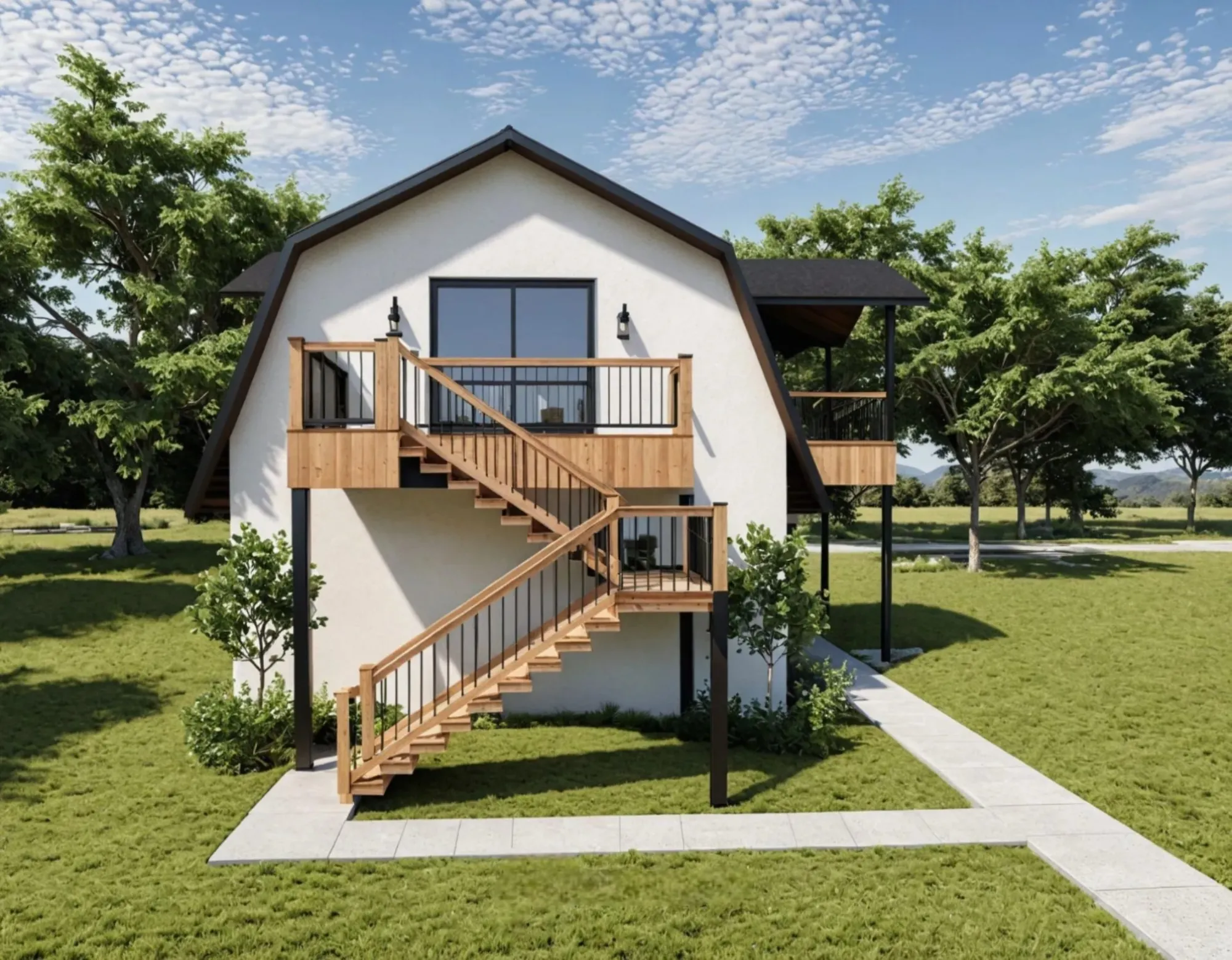 Side of a barndominium with a wood exterior stair rising to a second-floor deck.