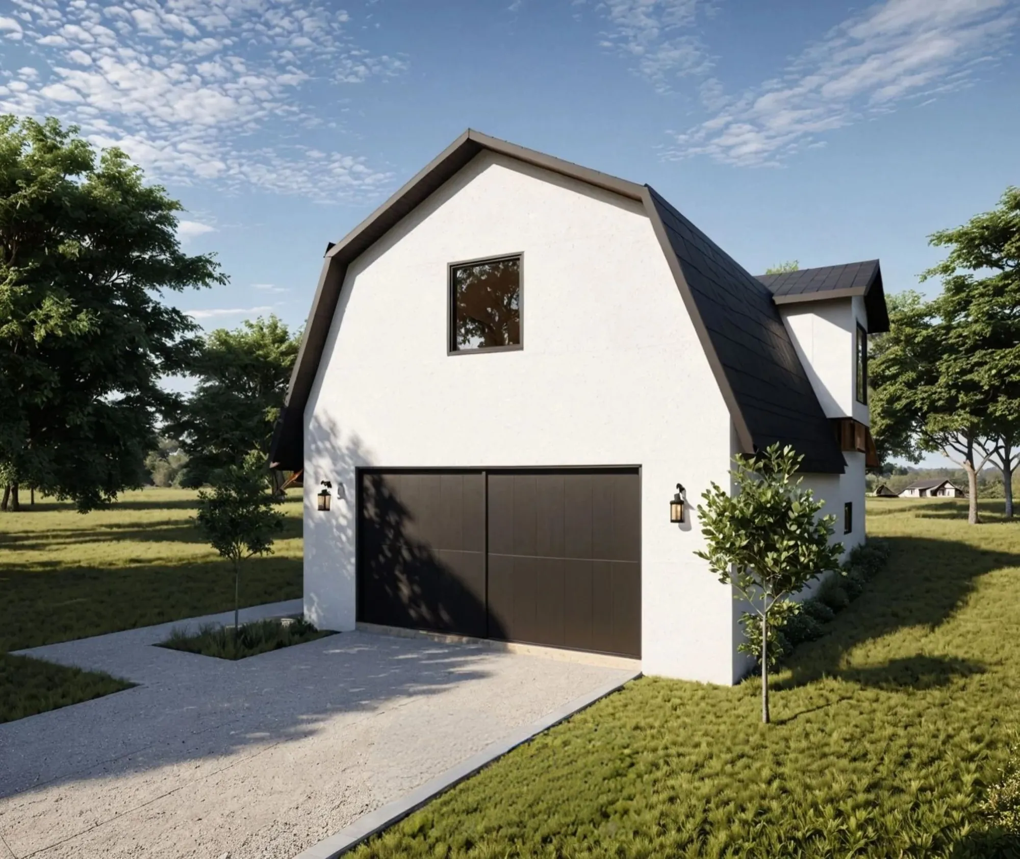 Gable end of a barndominium with a black garage door and a single window above.