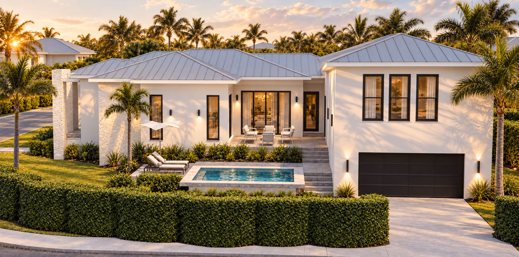 Front of a white home at sunset with a metal roof, a raised plunge pool terrace, a black garage door, and a clipped hedge among palms.