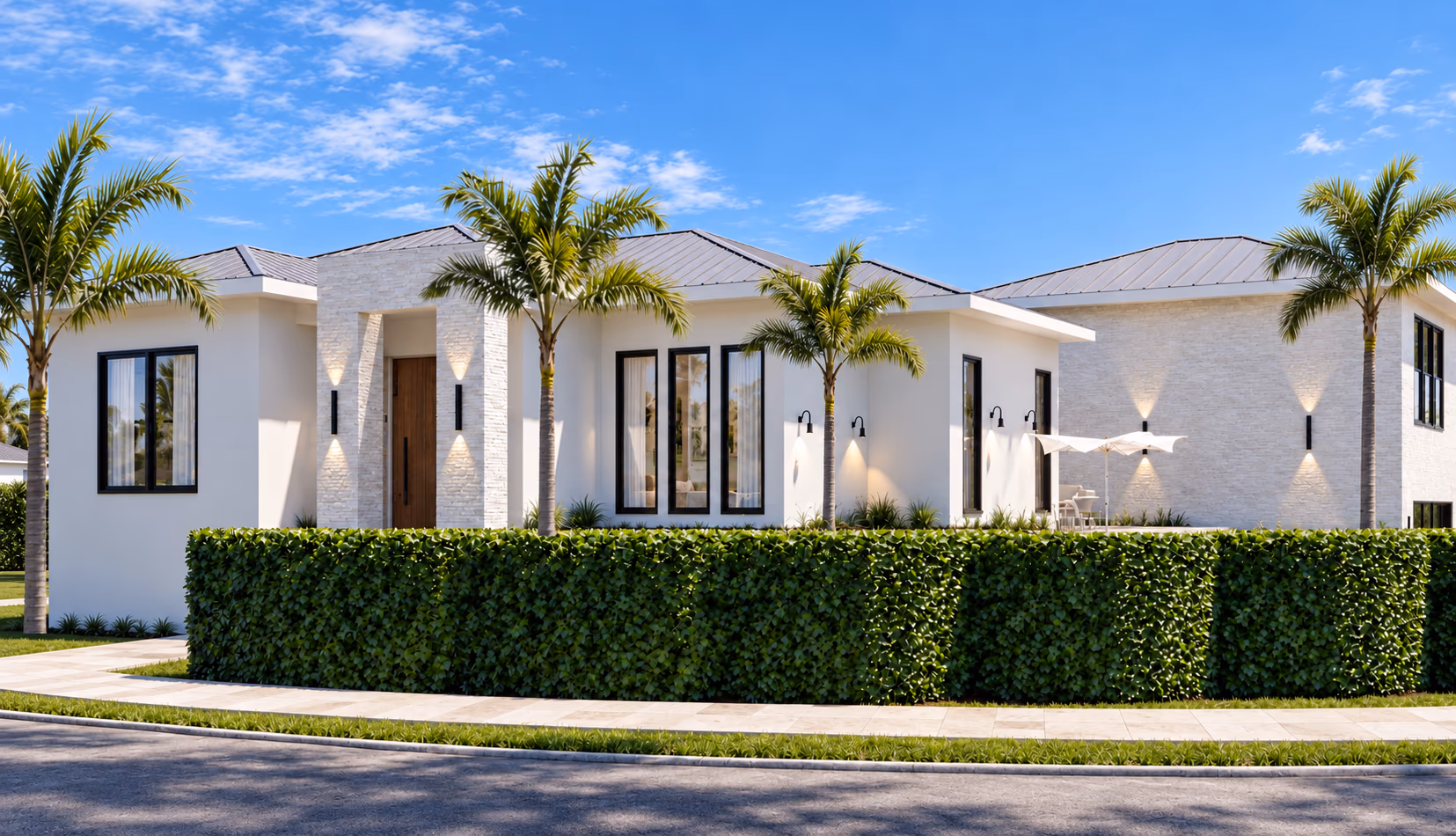 Front elevation of a white single-story wing with a wood entry door, stone-textured piers, and a hedge along the curb.