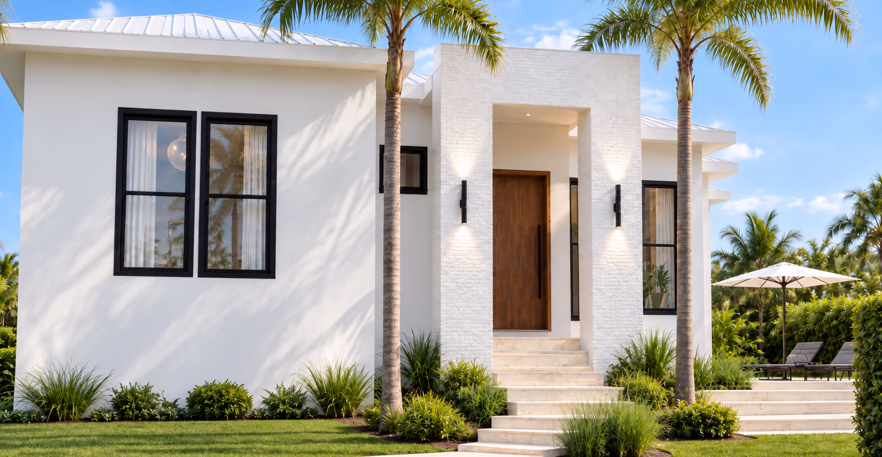 Entry with a wood front door between white brick piers, black-framed windows, and wide steps lined with grasses and palms.