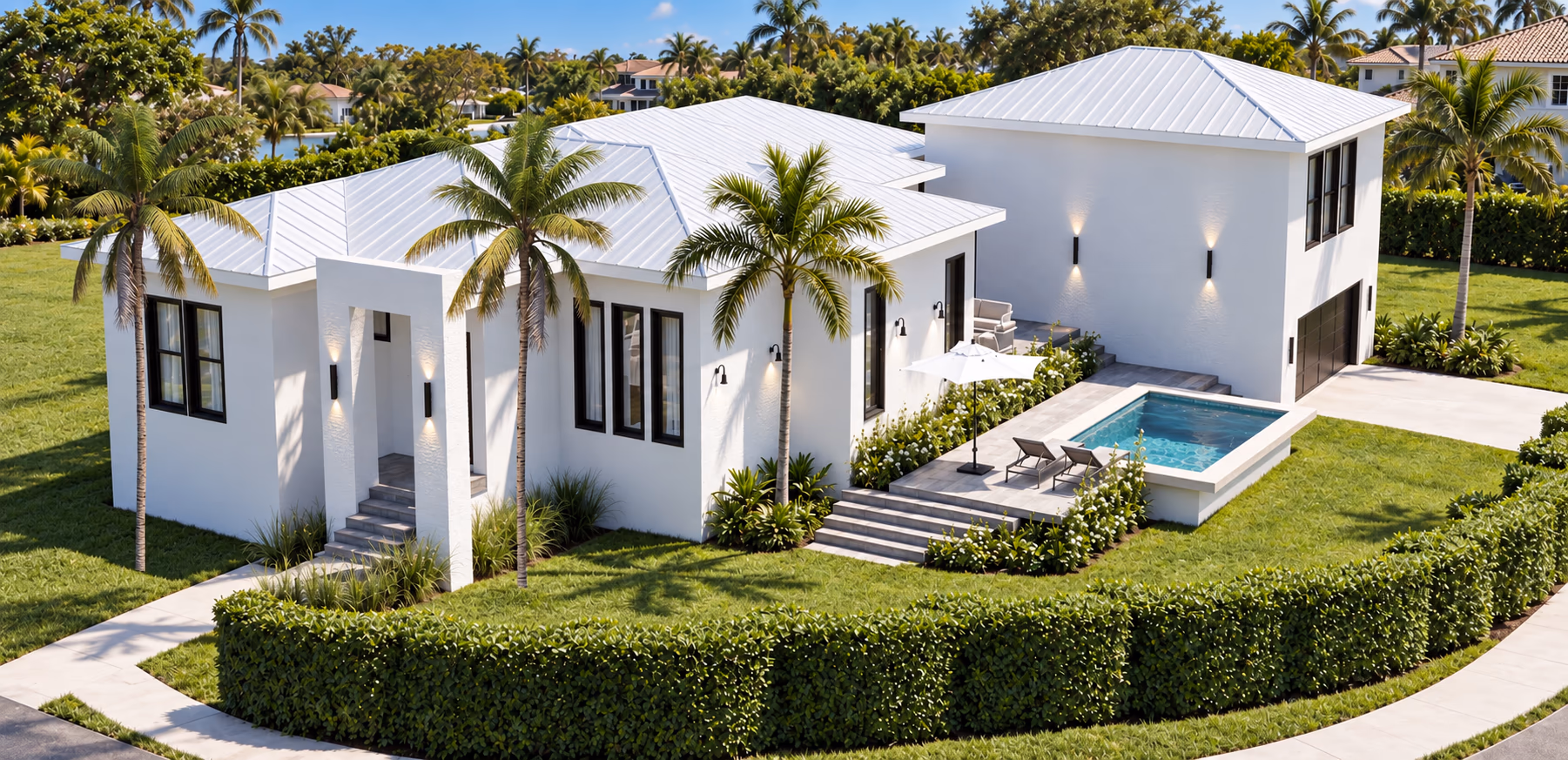 Aerial view of a white home with a metal roof, a plunge pool terrace, a clipped hedge, and palms around the lot.