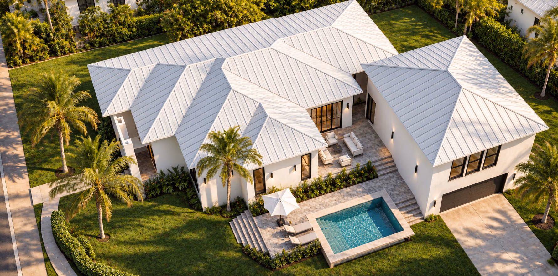 Aerial view of a white metal roof with several hips and gables over a terrace with a plunge pool and lounge chairs.
