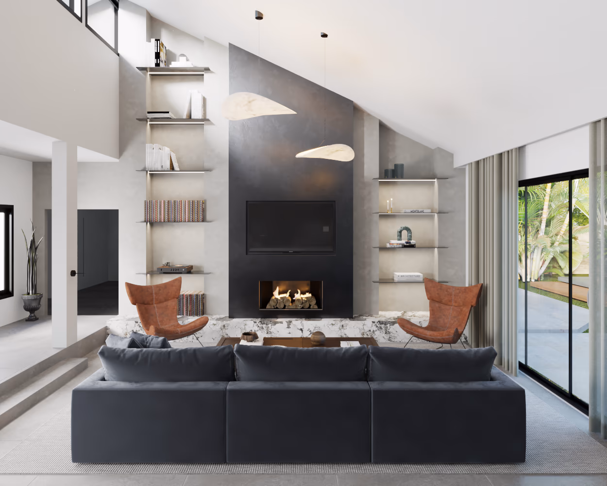Double-height living room with a dark fireplace wall, open shelving, a charcoal sofa, and cognac lounge chairs.