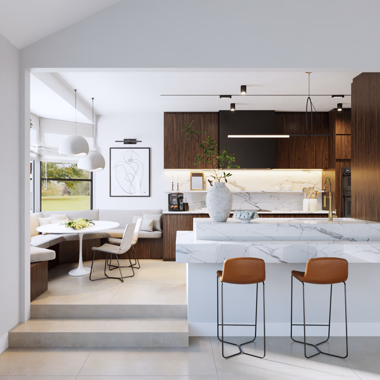 Kitchen with a white marble waterfall island, leather counter stools, walnut cabinetry, and a built-in breakfast nook.