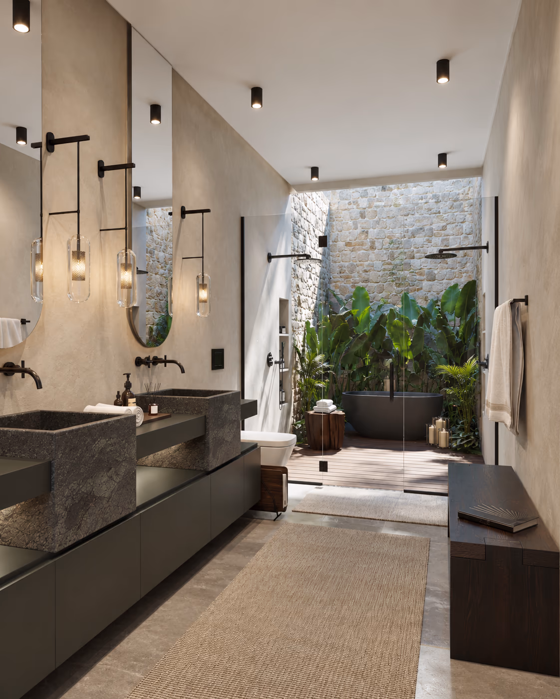 Primary bathroom with a stone double vanity, glass pendant lights, and a freestanding tub in an open-air shower garden.