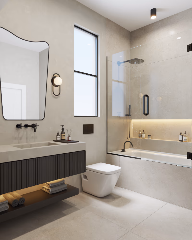 Bathroom with a tub and shower combination, a fluted dark vanity, and a black-framed mirror.