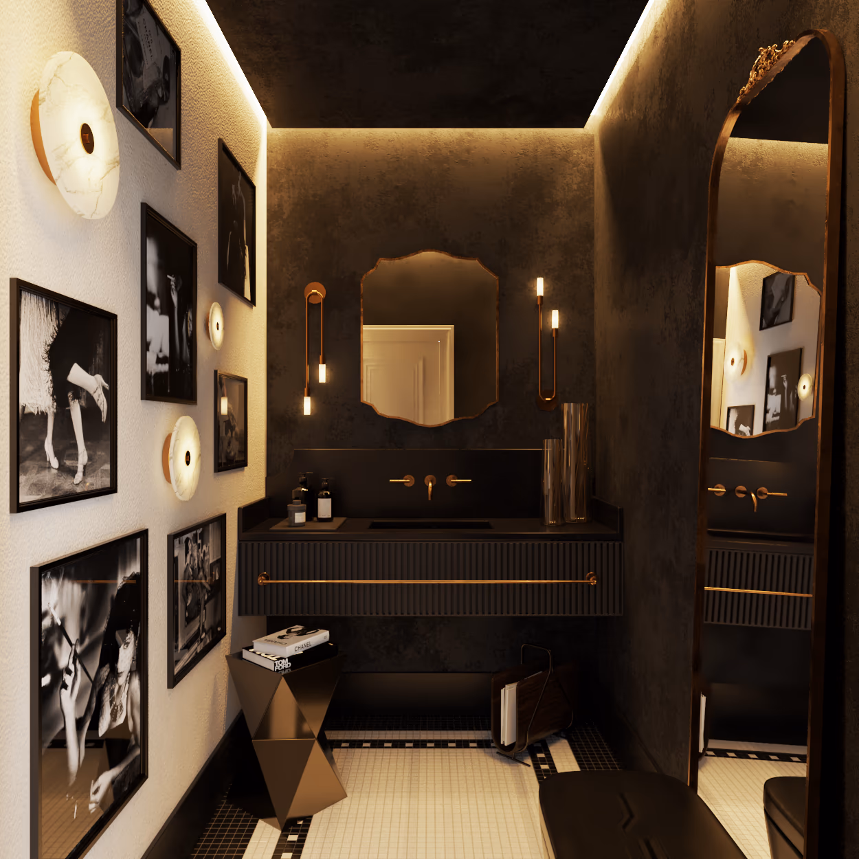 Powder room with black walls, a gallery of black and white photographs, a curved mirror, and brass fixtures.