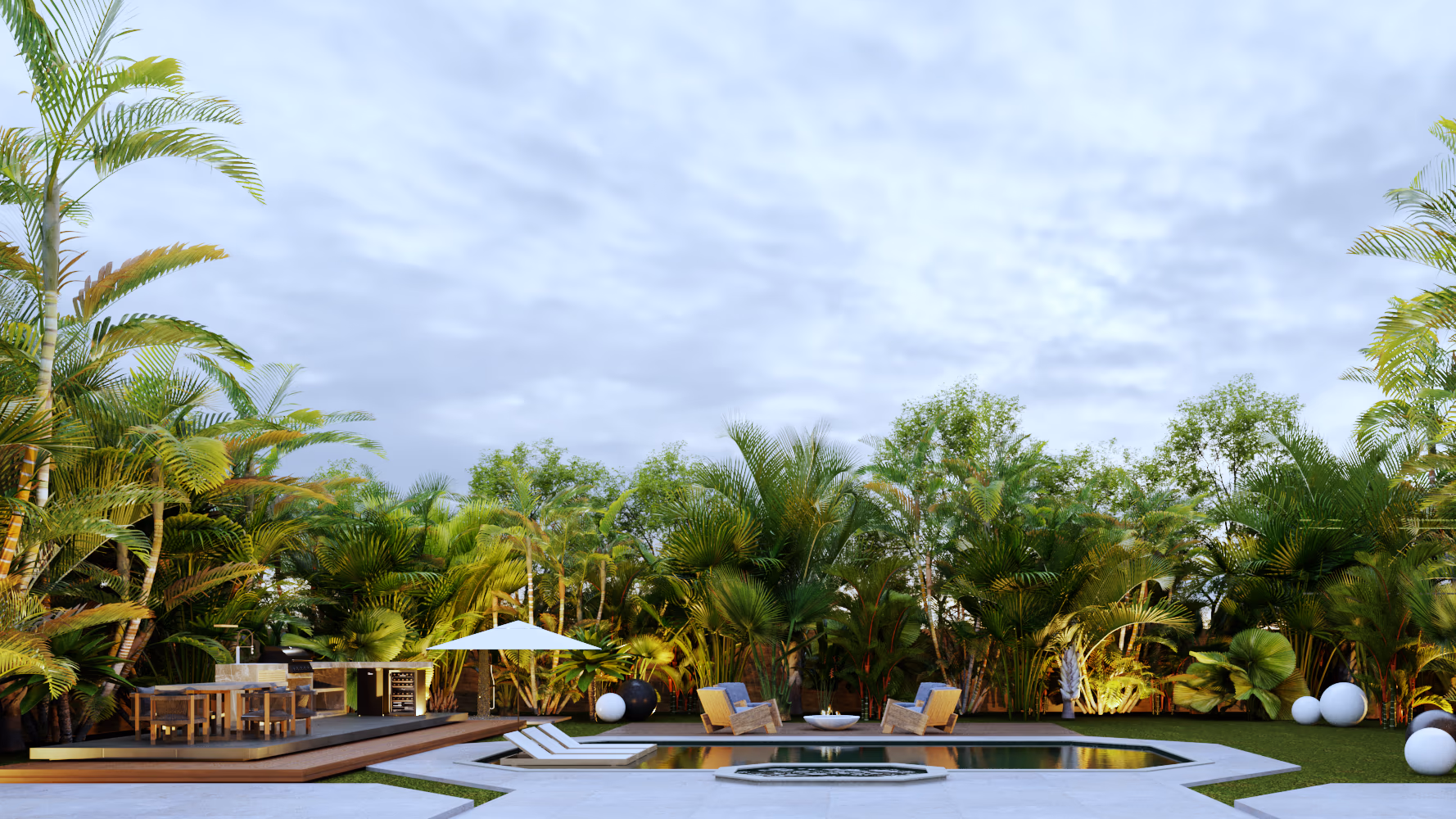 Backyard with a pool and spa, a raised wood deck with an outdoor kitchen and dining table, a fire pit lounge, and tropical palms.