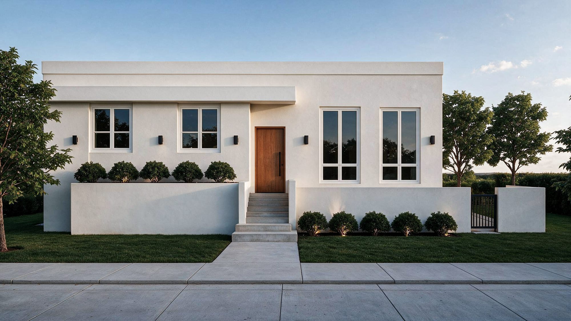 Front elevation of a single-story modern stucco home with a wood entry door and symmetrical window bays.