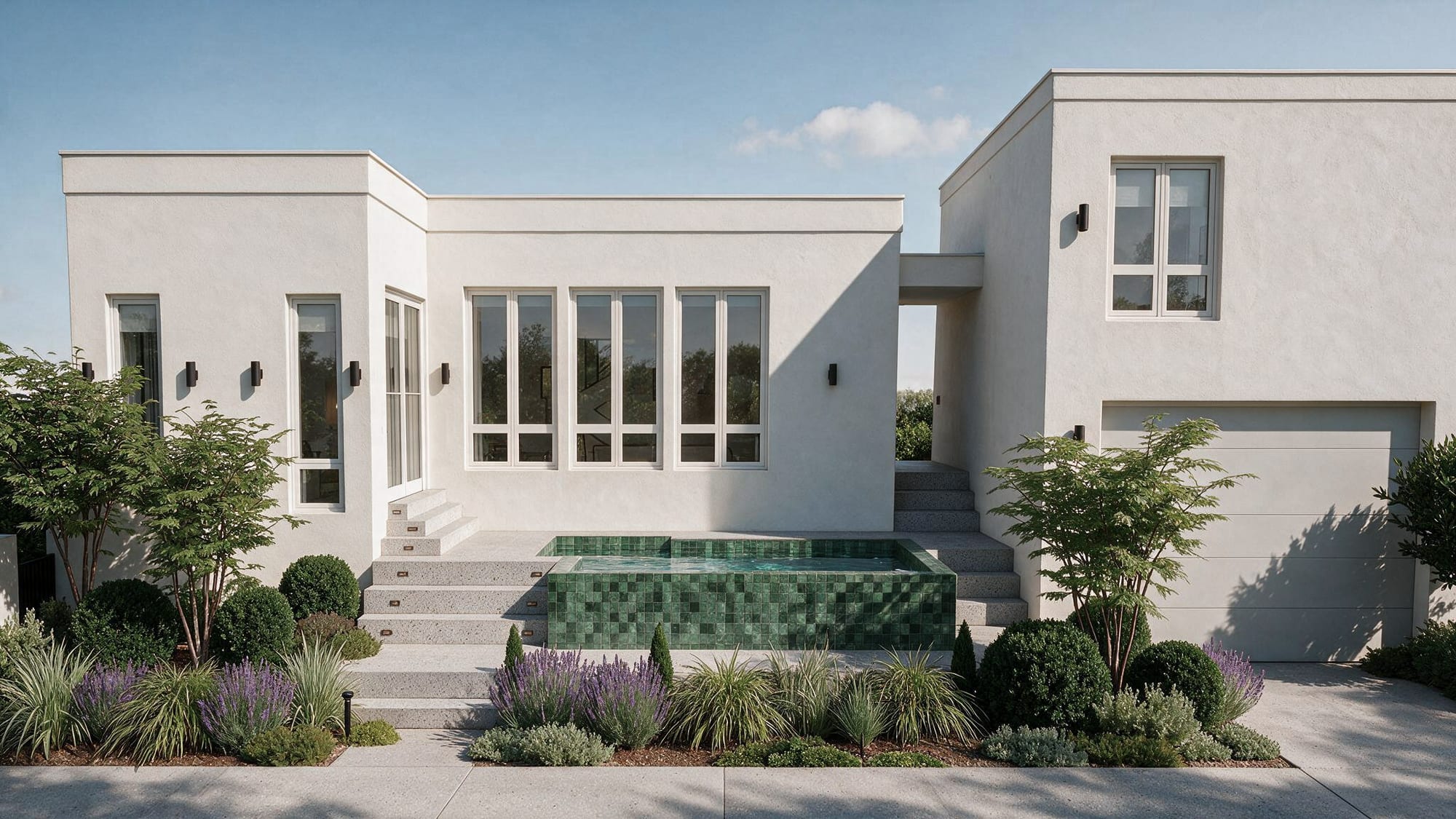 Side of a modern stucco home with a raised pool terrace, a garage, and layered planting.