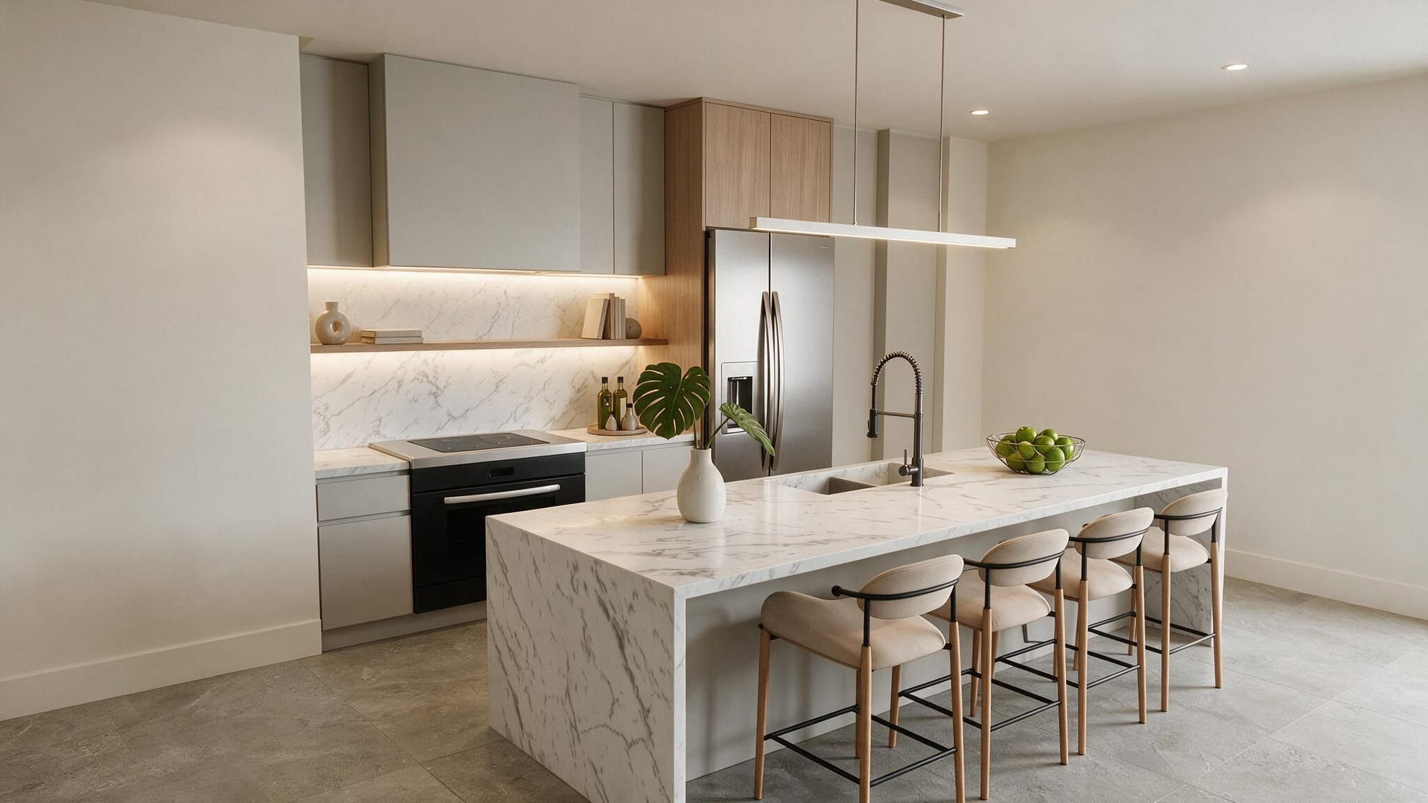 Kitchen with a waterfall marble island, integrated appliances, and pendant lighting.