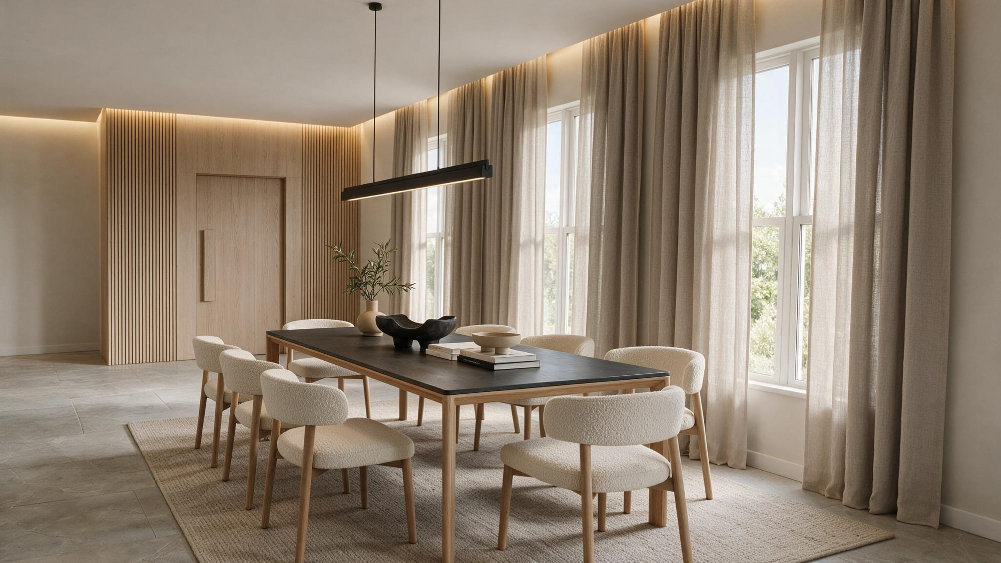 Dining room with a dark wood table, upholstered chairs, and full-height linen curtains.