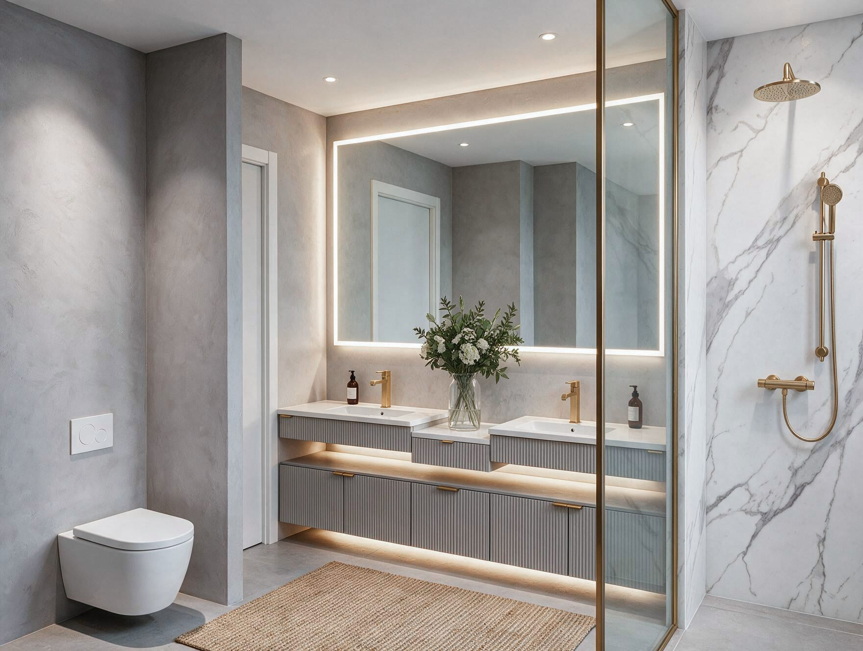 Primary bathroom with a lit mirror, a floating double vanity, and a marble walk-in shower.