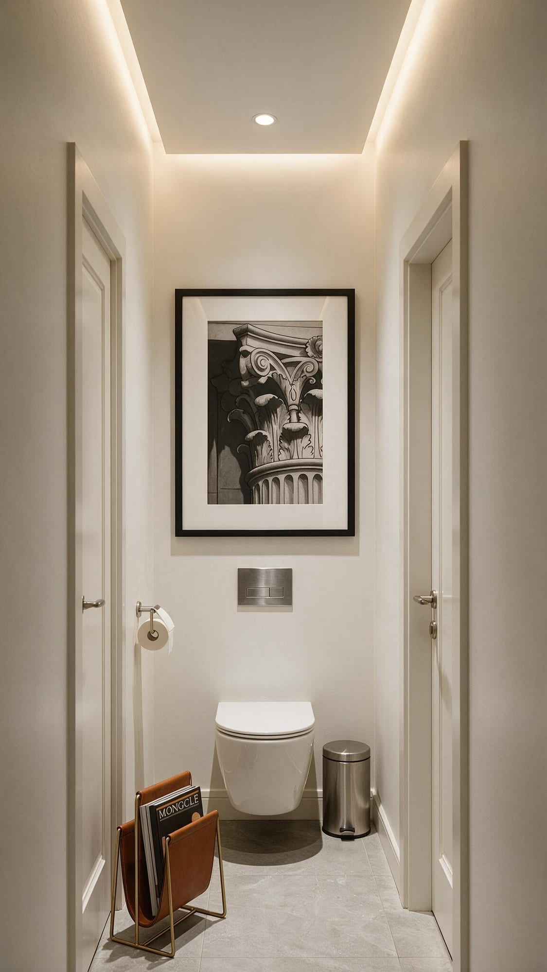 Powder room at the end of a hallway, with a framed print above a wall-hung toilet.
