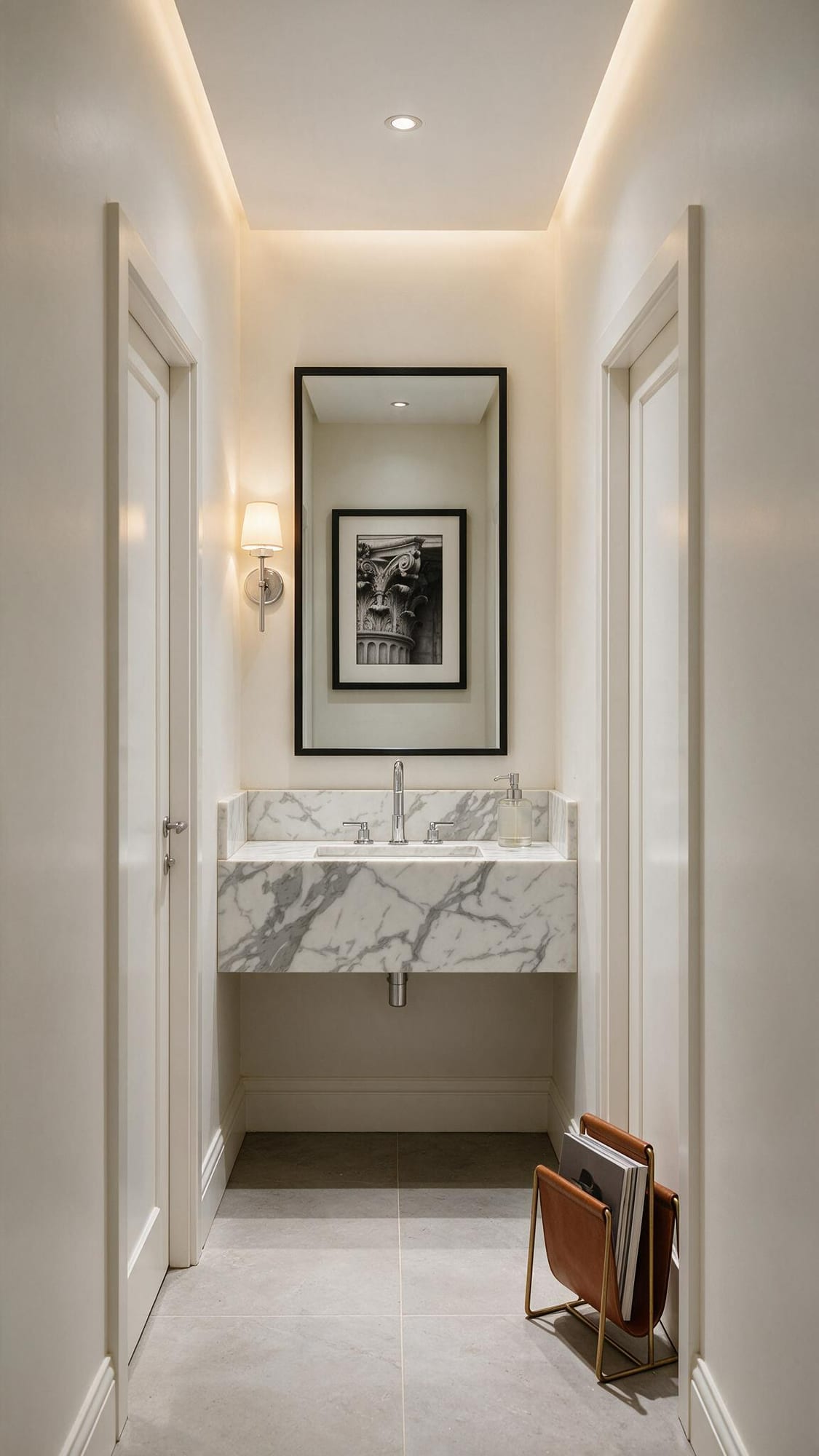 Powder room with a marble vanity, a black-framed mirror, and a wall sconce.