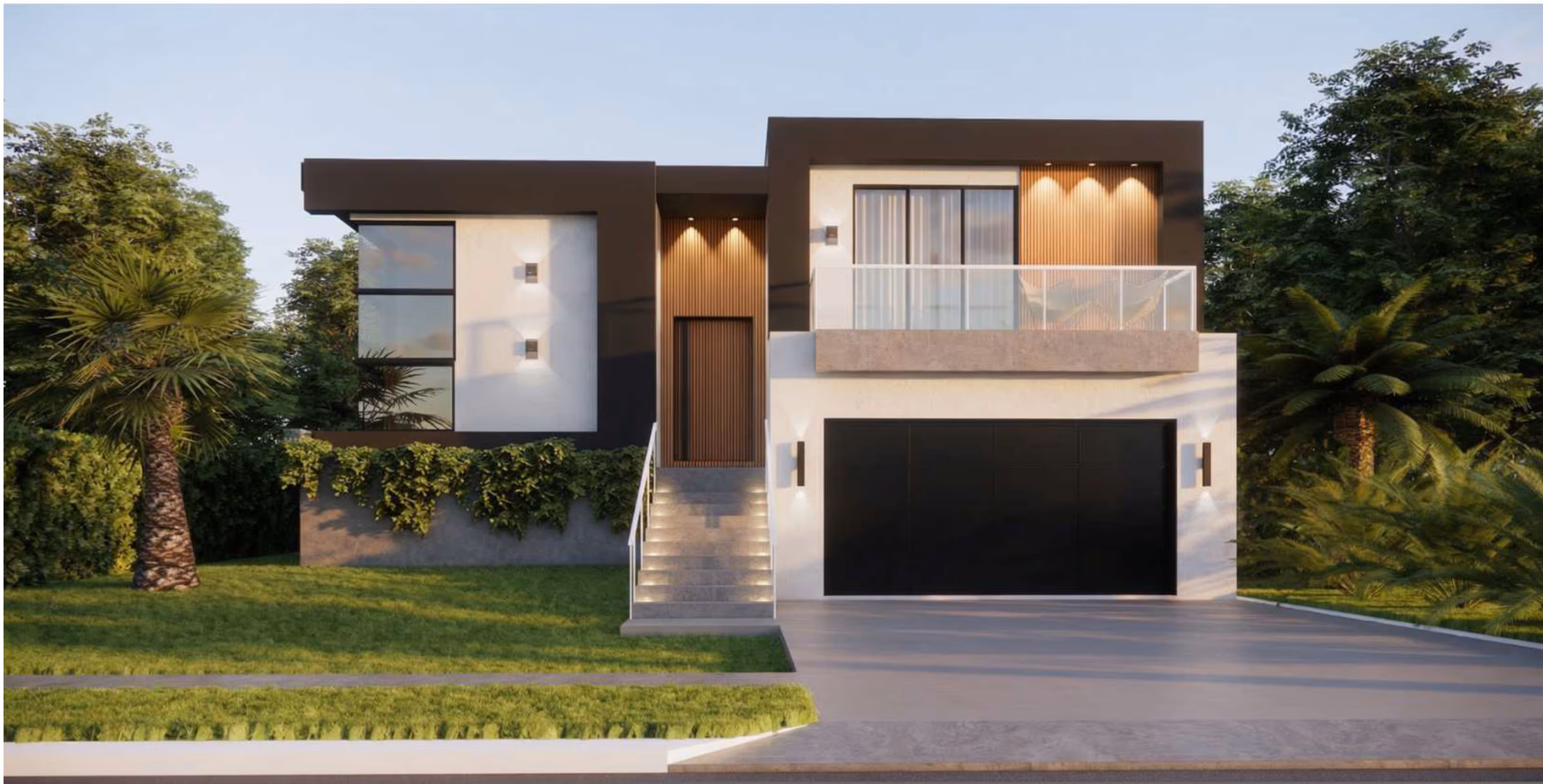 Front of a two-story modern home with a garage, a glass balcony, and a wood-clad entry.