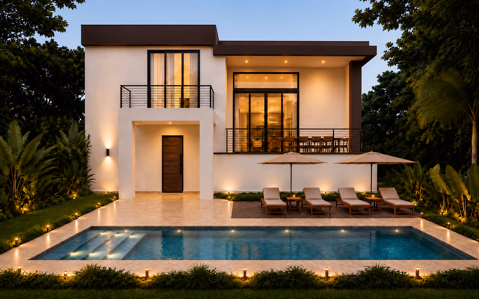 Rear of a two-story modern home at dusk, with a lit pool, a covered terrace, and a balcony.
