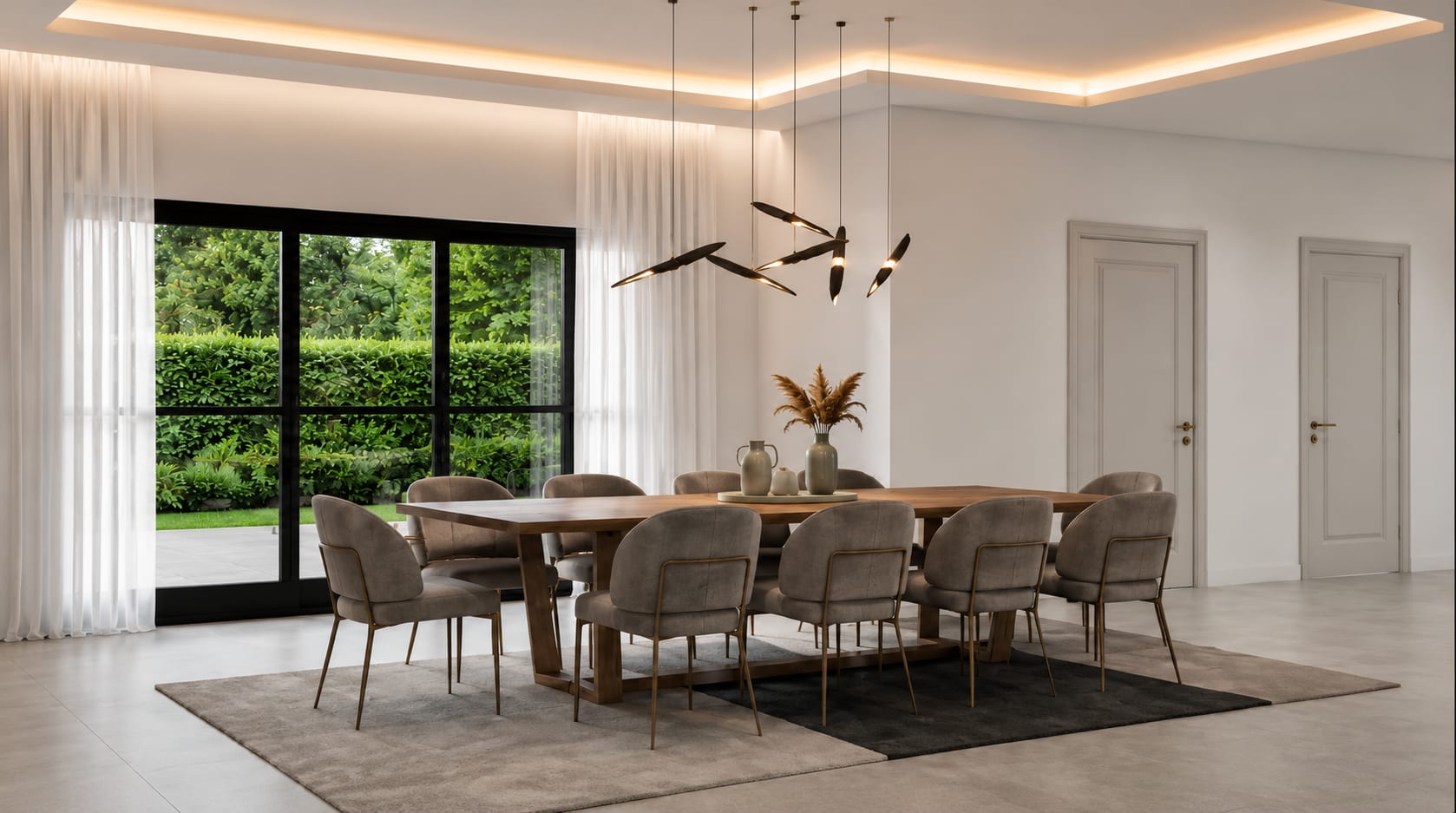 Dining room with a wood table, upholstered chairs, and a sculptural pendant, beside sliding glass doors to the garden.