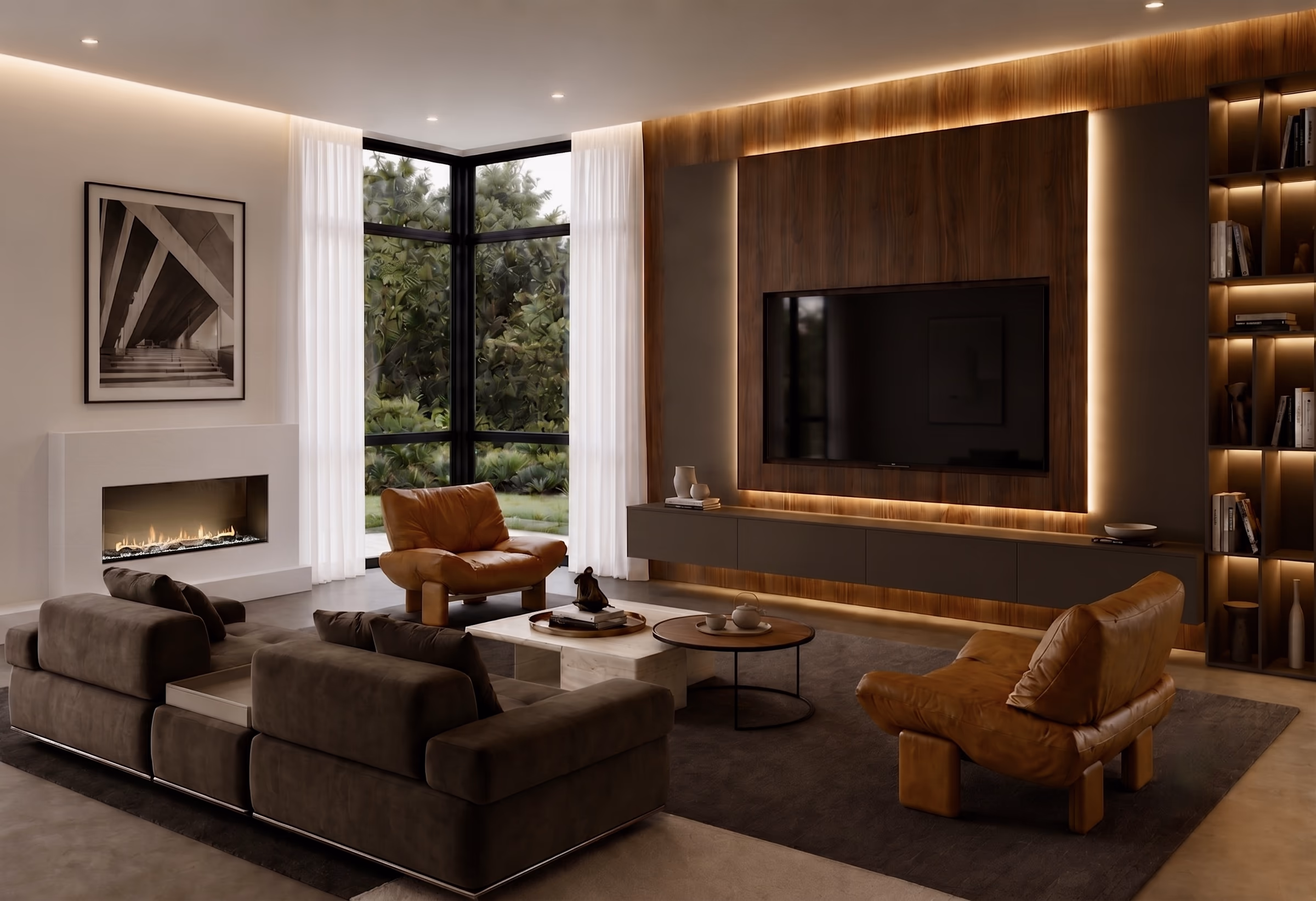 Living room with a linear fireplace, a walnut media wall with lit bookshelves, a brown sectional, and leather lounge chairs.
