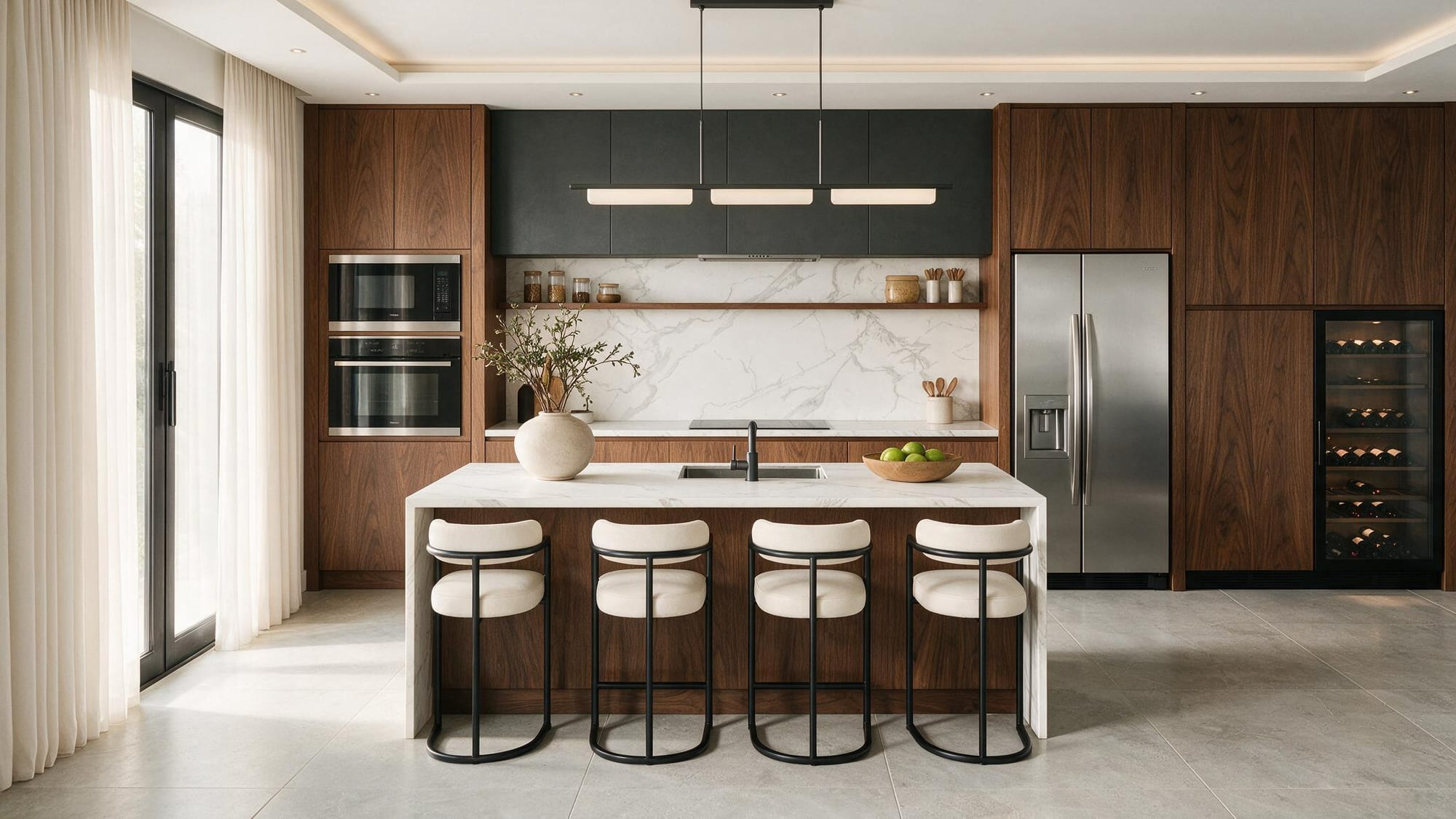 Kitchen with walnut cabinetry, a white quartz island with four stools, and a marble backsplash.