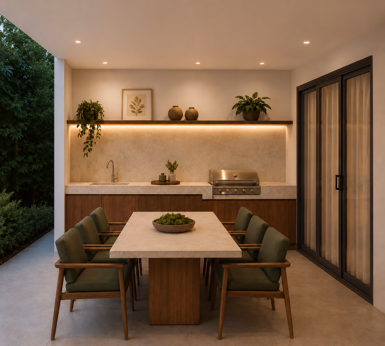 Covered patio with an outdoor kitchen, a stone-top dining table, and green upholstered chairs.
