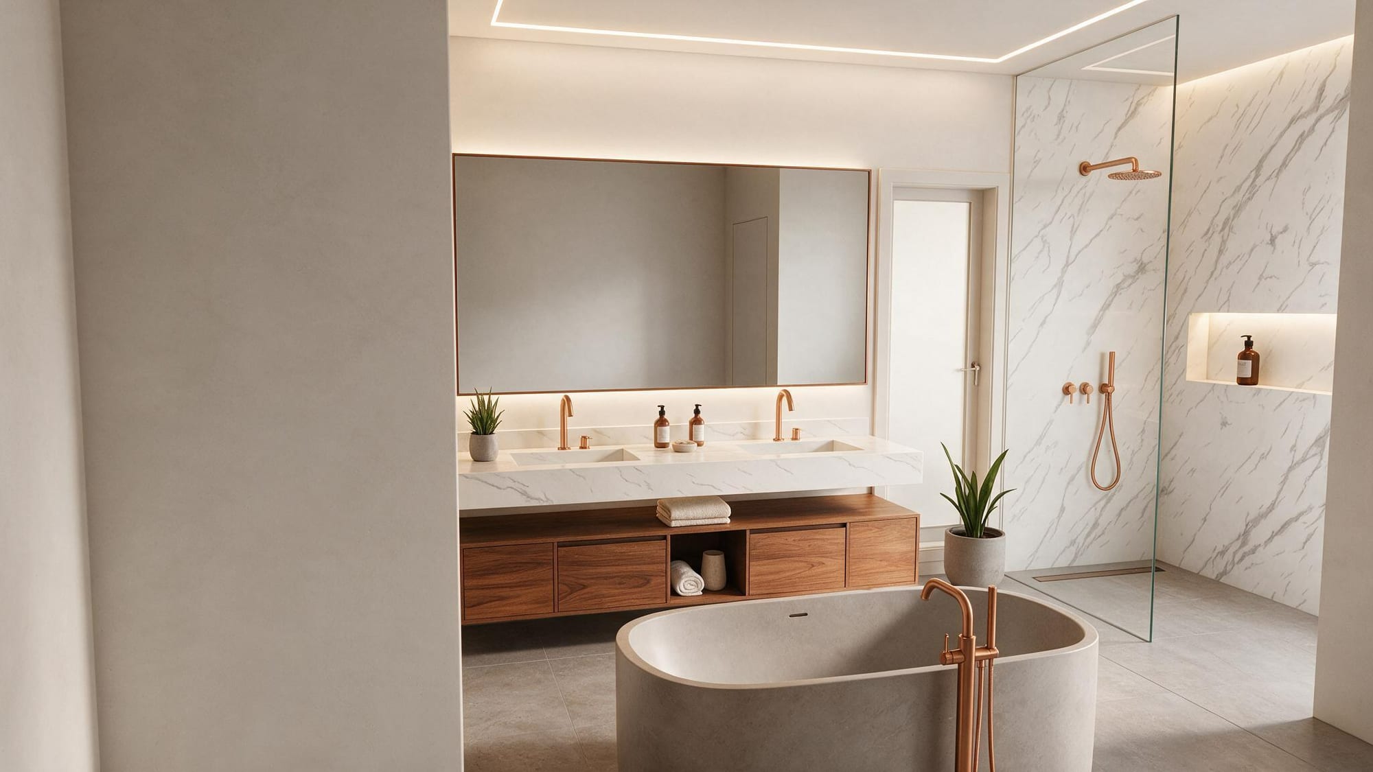 Primary bathroom with a freestanding tub, a floating walnut double vanity, and a walk-in shower.