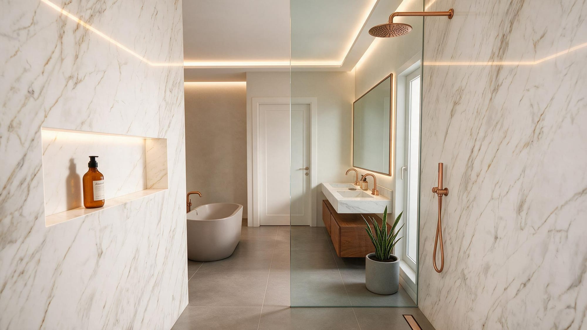 Primary bathroom shower with marble walls, a lit niche, and copper fixtures.