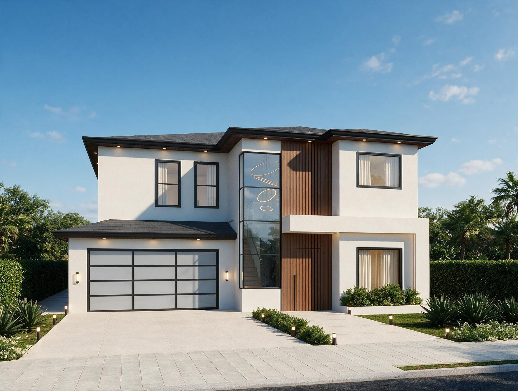 Front elevation of a two-story modern home with white stucco, a wood accent wall, and a glass entry.