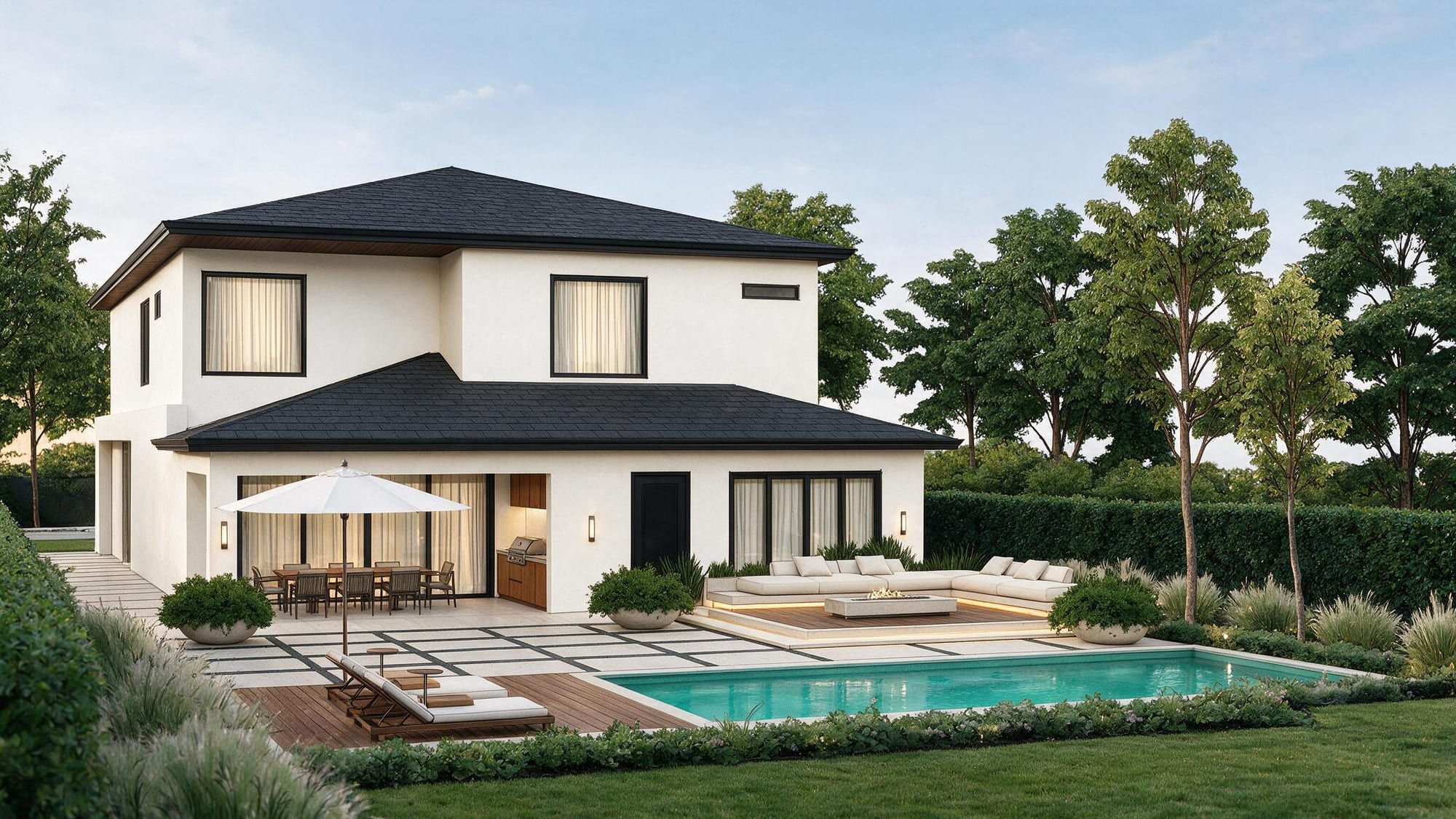 Rear of a two-story home with a pool, a fire pit lounge, and a covered patio.