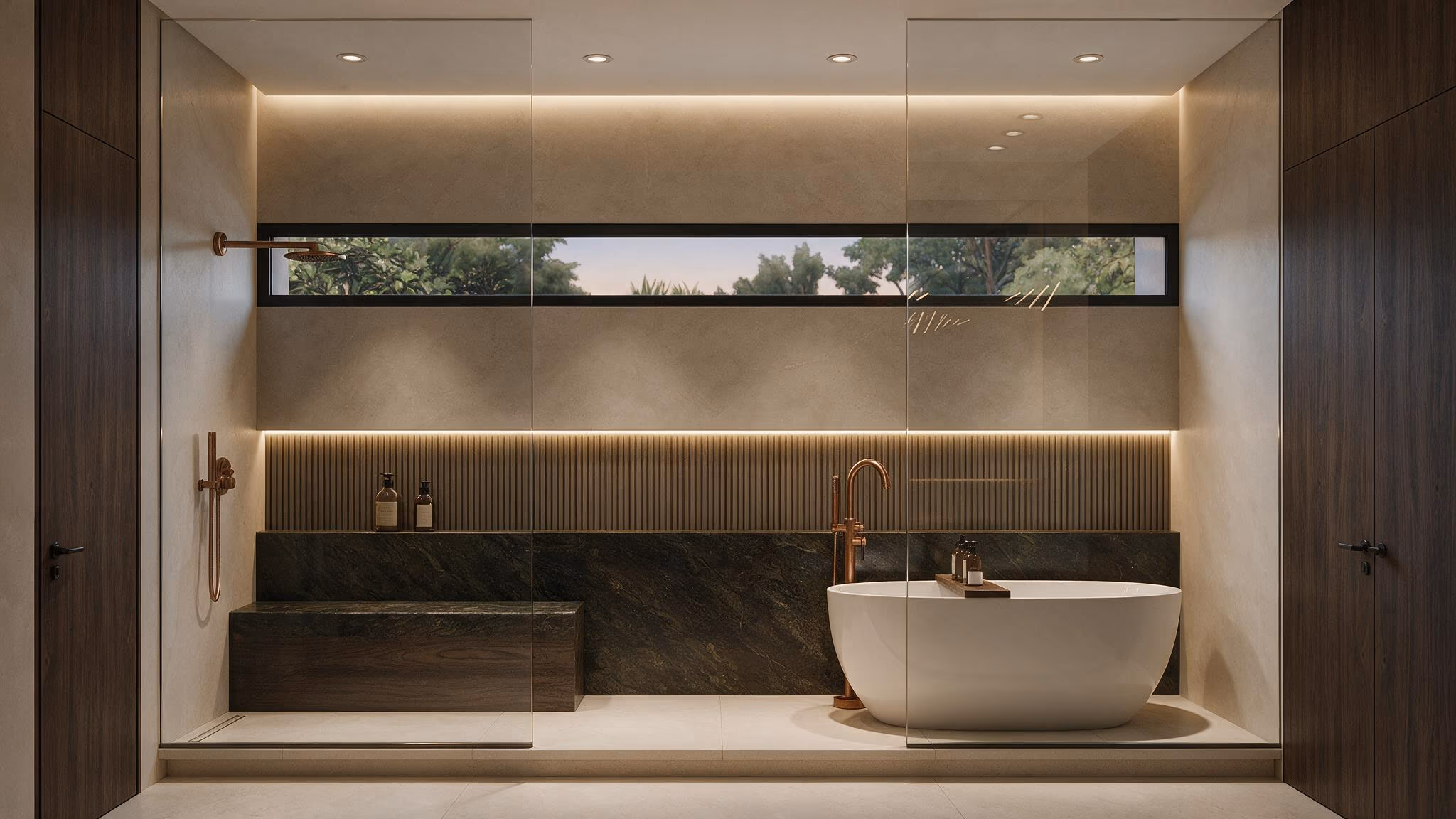 Primary bathroom with a freestanding oval tub, a dark green stone platform, a glass-enclosed shower, and a ribbon window above lit fluted panels.