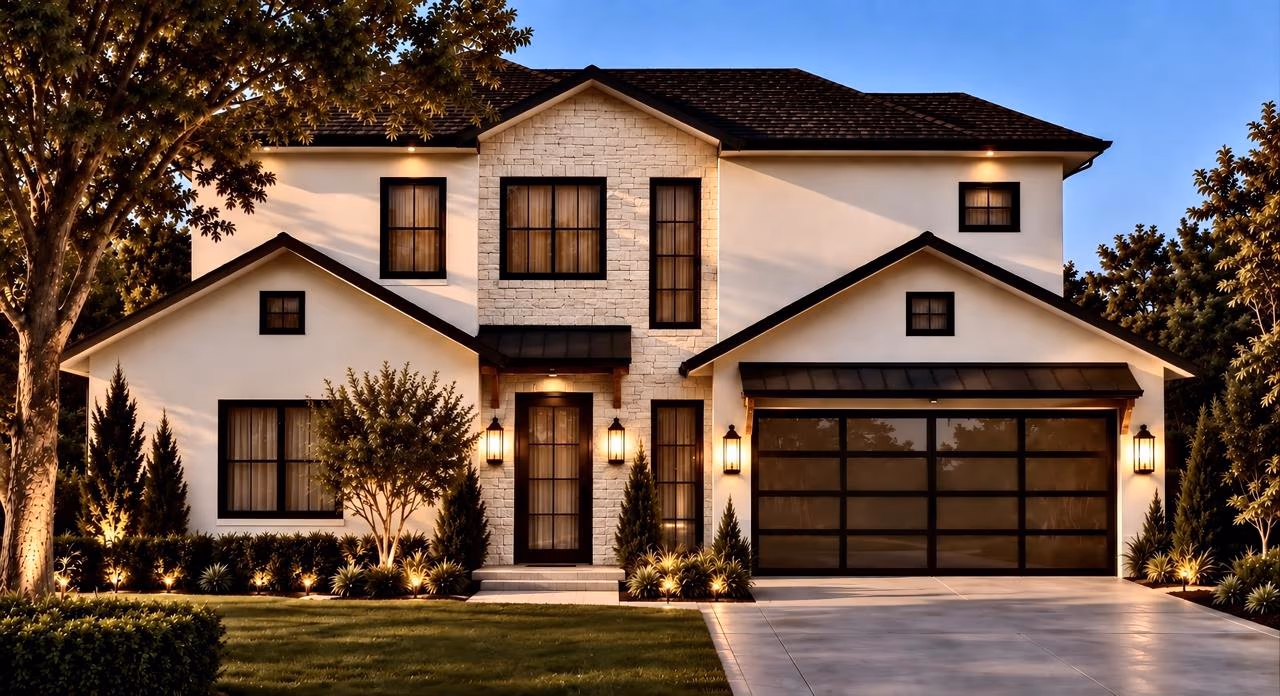 Front of a two-story white stucco home at dusk with a stone-clad entry, a dark roof, black-framed windows, and a glass-paneled garage door.