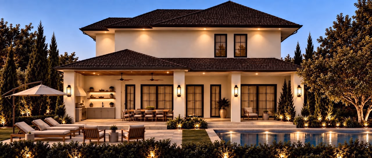 Rear of a two-story home at dusk with a lit covered terrace, an outdoor kitchen, a dining table, lounge chairs, and a pool.