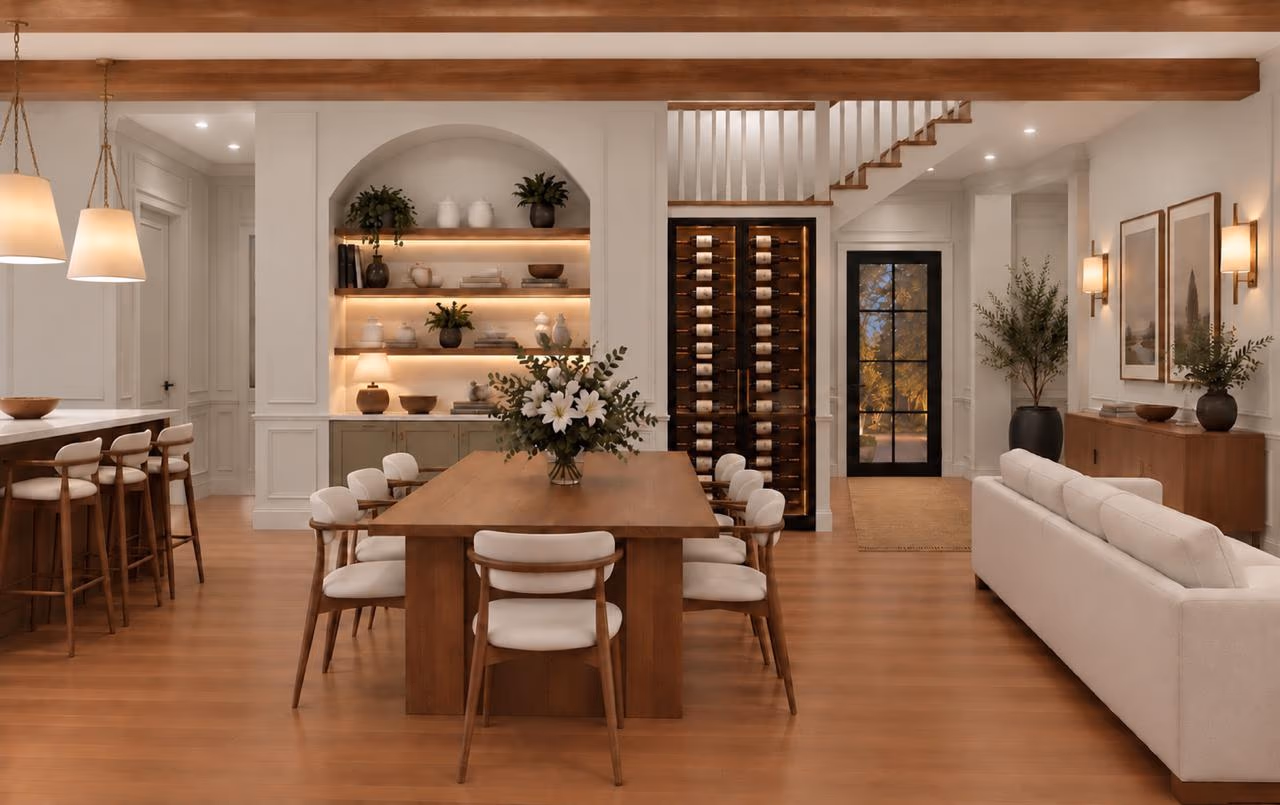 Open dining and living area with a wood table, bar stools at the counter, an arched lit shelf niche, a wine wall, and a white sofa.