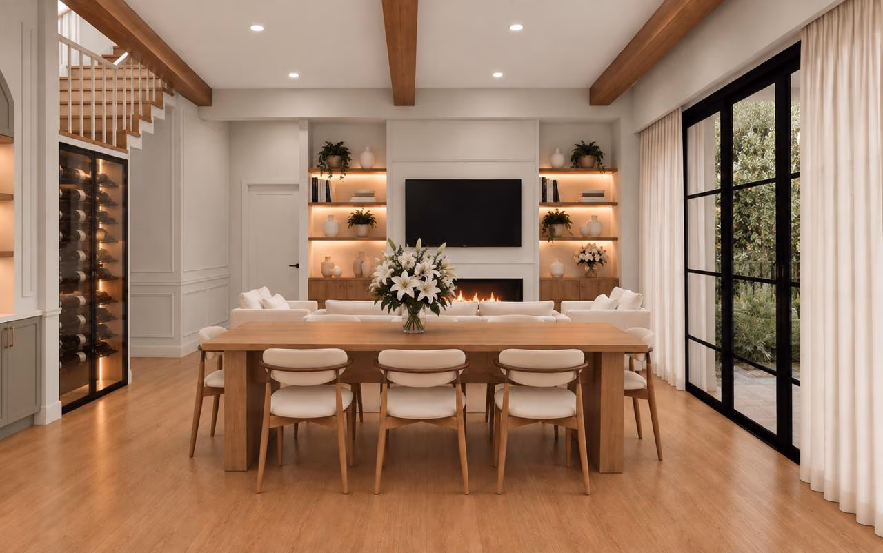 Living and dining space under wood beams, with a fireplace between lit shelves, a long wood table, and a black steel-framed glass door beside linen drapes.