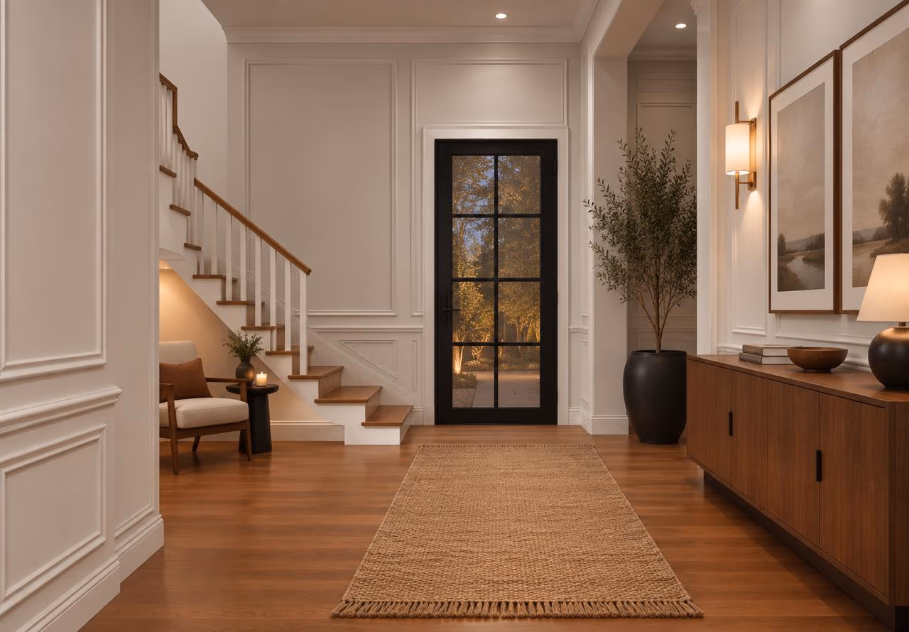 Entry hall with a wood staircase, a black-framed glass door, a walnut sideboard, a jute runner, and two framed landscape prints.