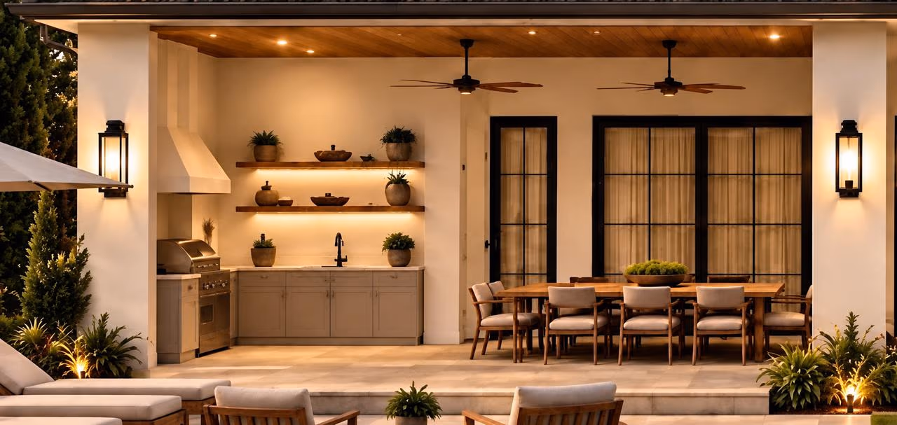 Covered outdoor kitchen with a built-in grill, lit open shelves, a wood dining table, and black-framed glass doors under a wood ceiling.