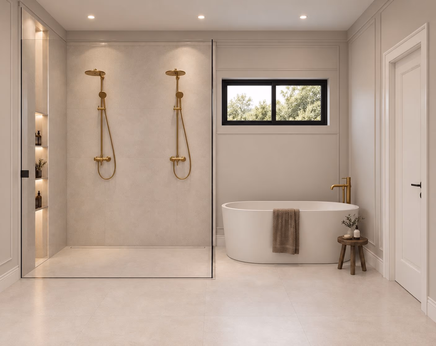 Bathroom with a walk-in glass shower with two brass rain showers, a freestanding oval tub, and a small black-framed window.