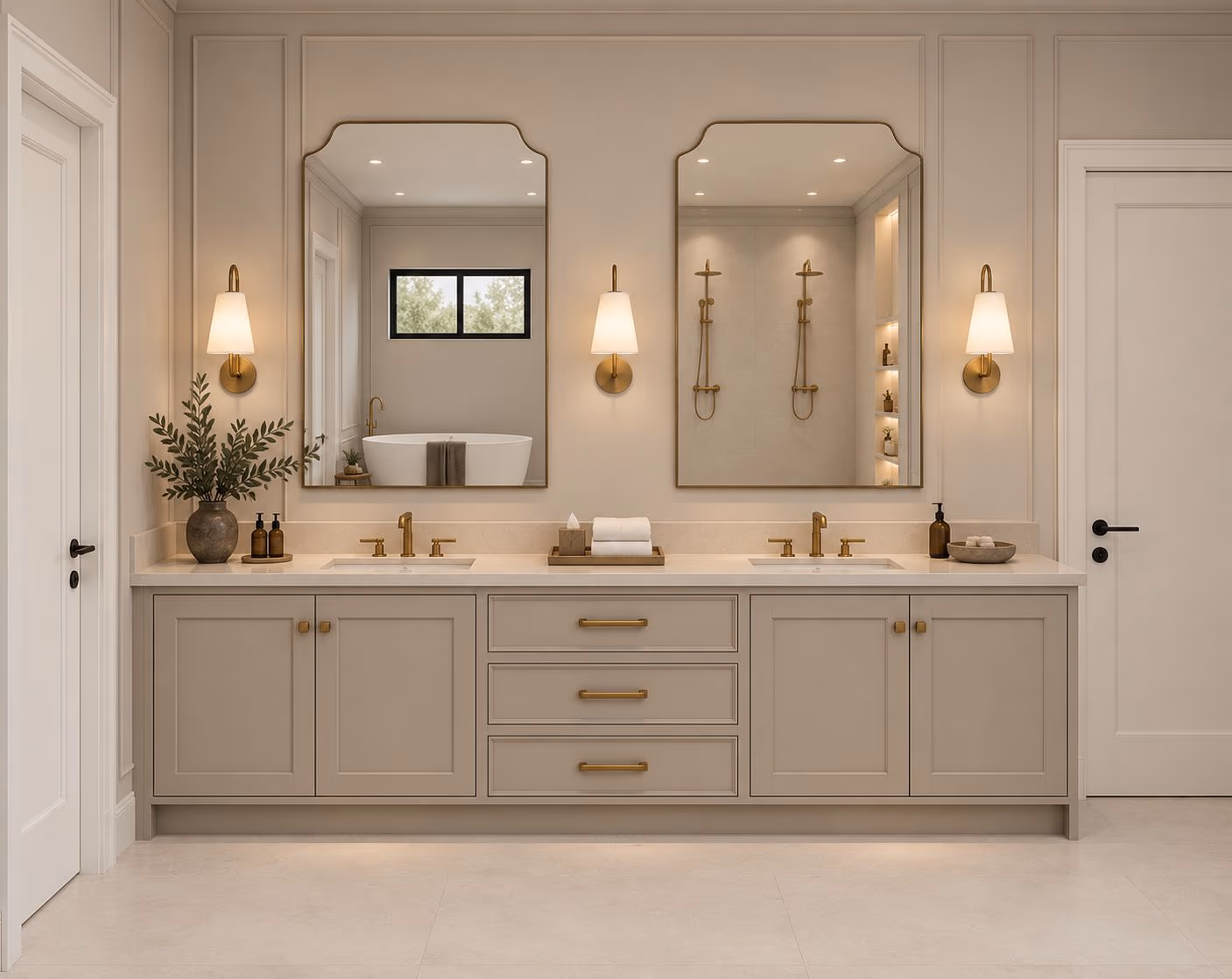 Bathroom with a gray-green double vanity, two arched mirrors, brass sconces, and brass hardware.