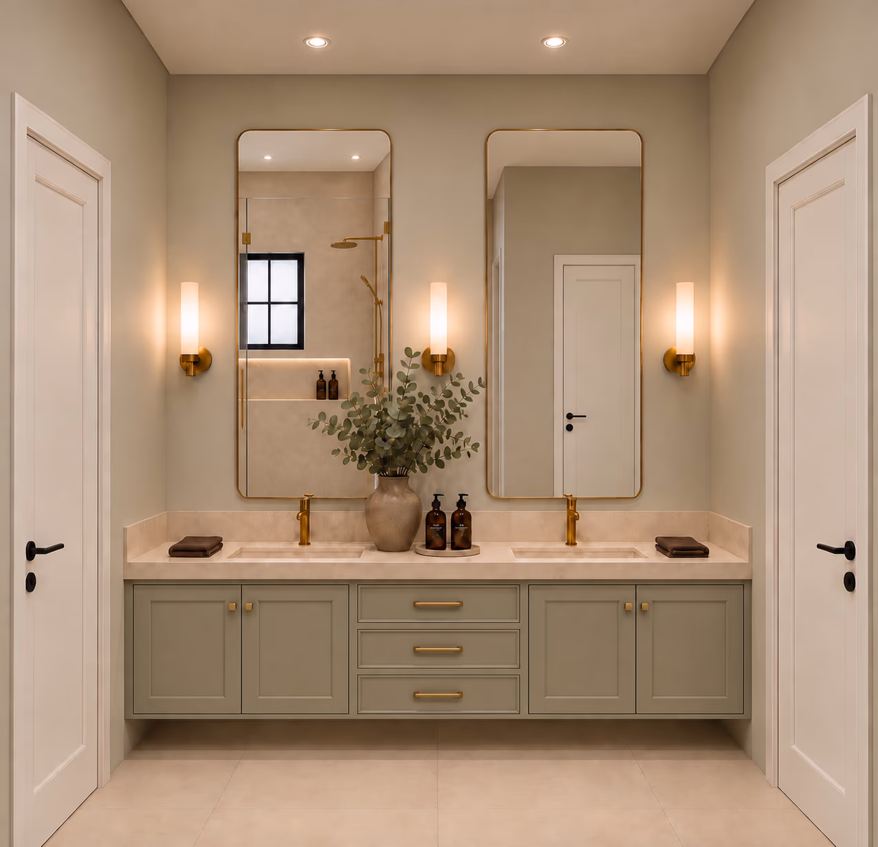 Bathroom with a floating sage green double vanity, two tall brass-framed mirrors, brass wall sconces, and a stone countertop.