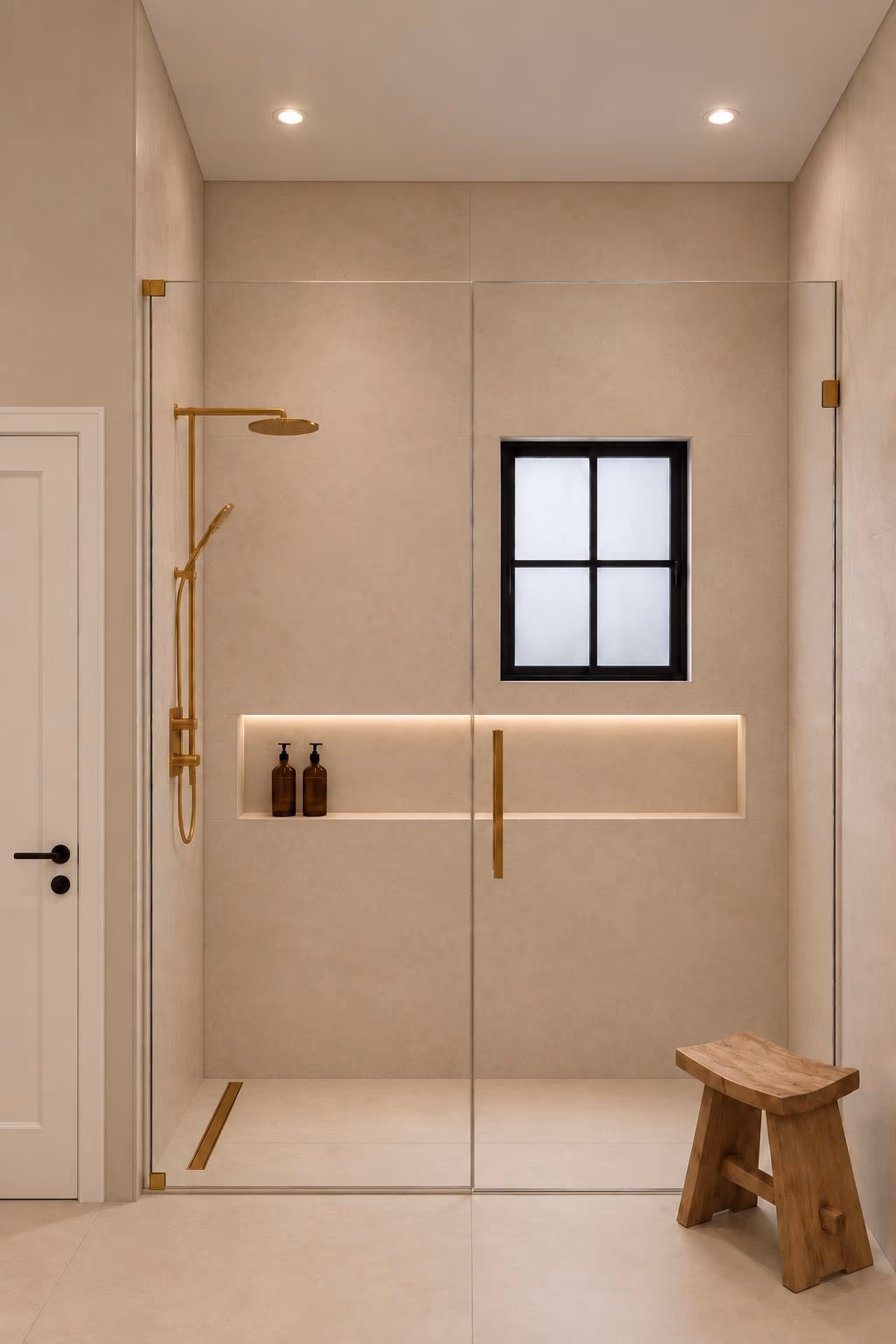 Walk-in glass shower with a brass rain shower, a lit niche, a black-framed window, and a wood stool.