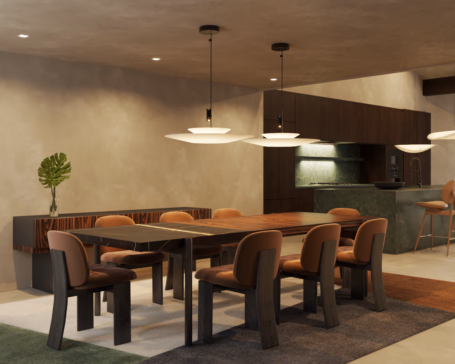 Dining room with a dark wood table, cognac leather chairs, and saucer pendant lights, open to the kitchen.