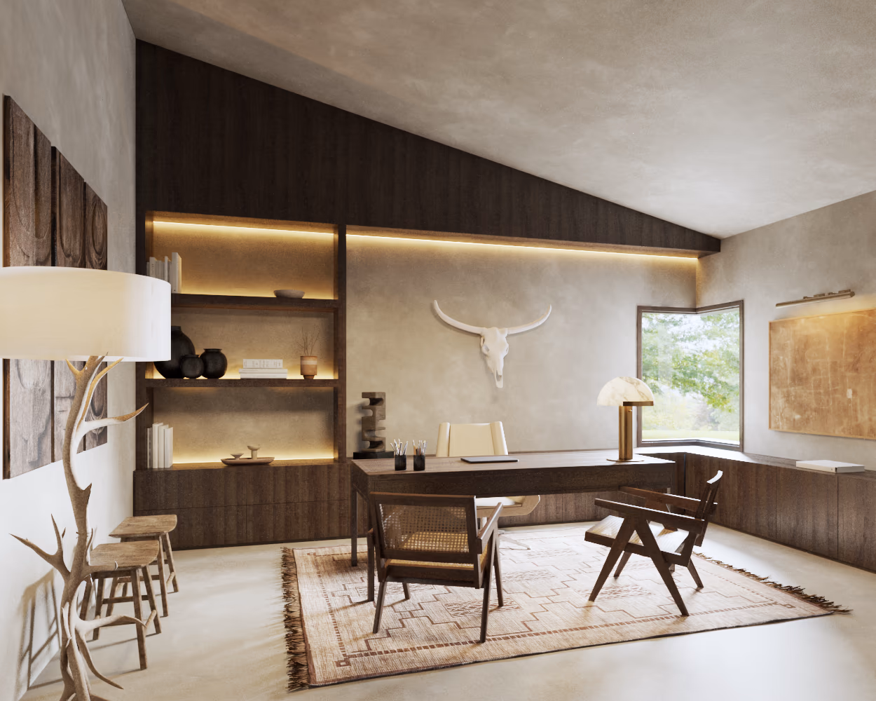 Home office with a vaulted ceiling, built-in walnut shelving, a wood desk, and a patterned rug.