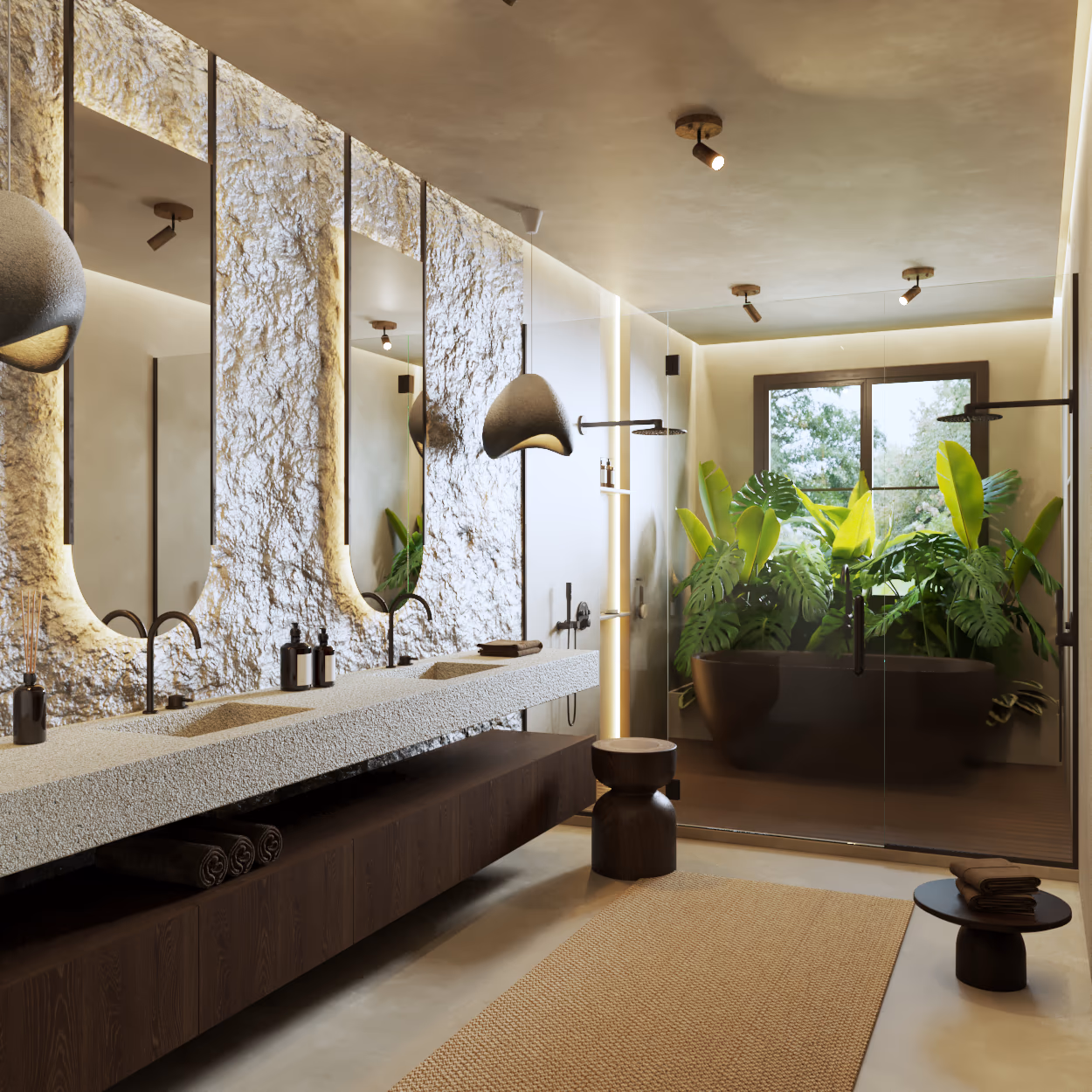 Primary bathroom with a textured stone wall, backlit oval mirrors, a stone double vanity, and a tub set among indoor plants.