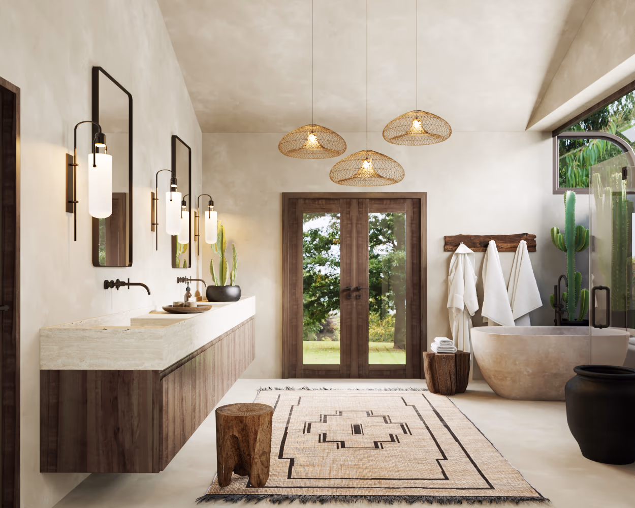 Primary bathroom with a freestanding stone tub, a floating walnut vanity, woven pendants, and French doors to the garden.