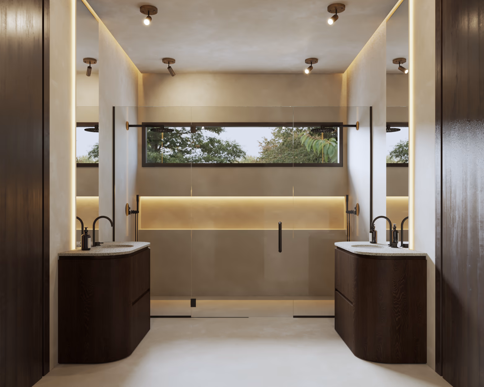 Jack and Jill bathroom with two curved walnut vanities, backlit mirrors, and a ribbon window above the shower.