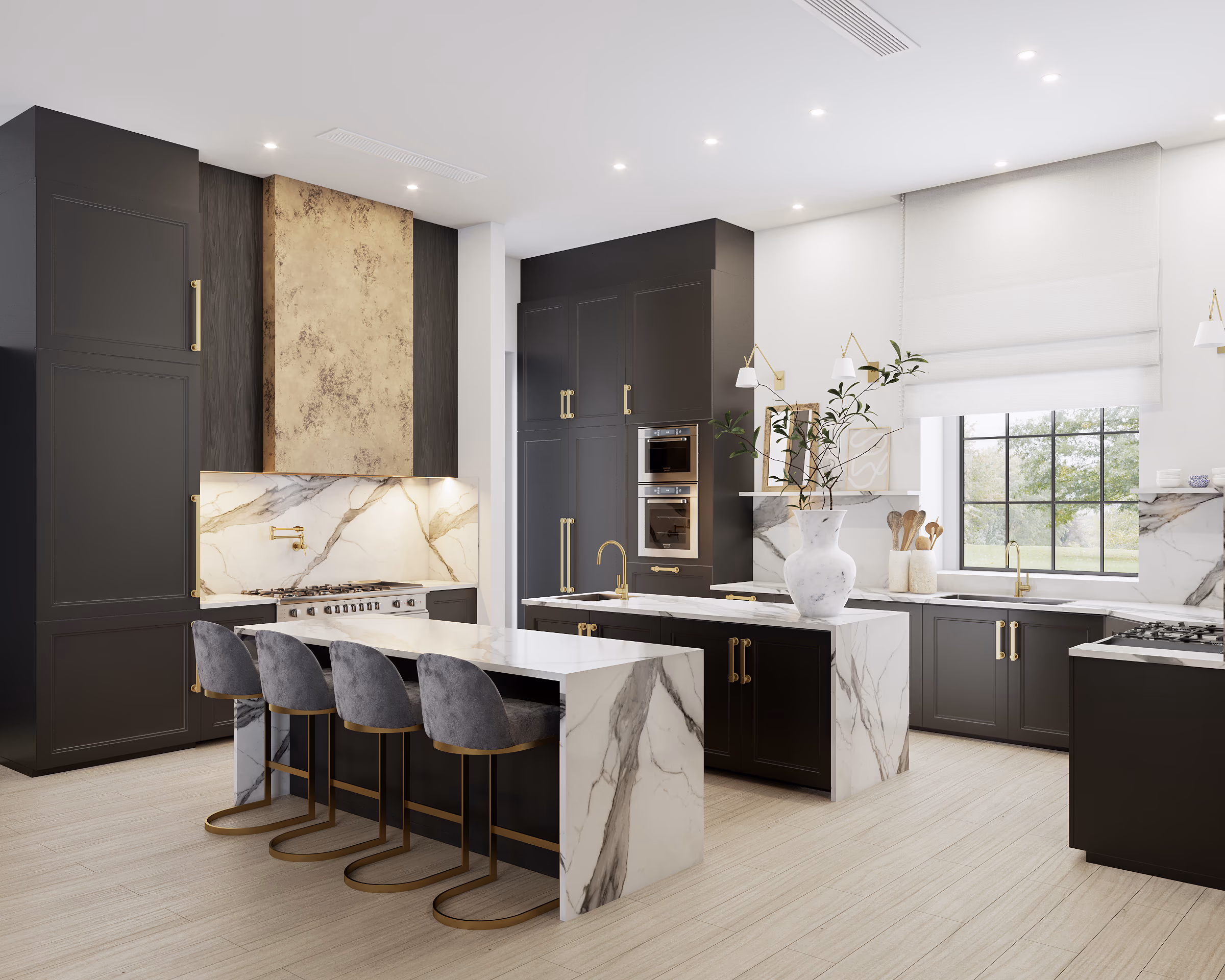 Kitchen with a marble waterfall island, bar stools, black cabinetry, and a bronze-finished range wall.